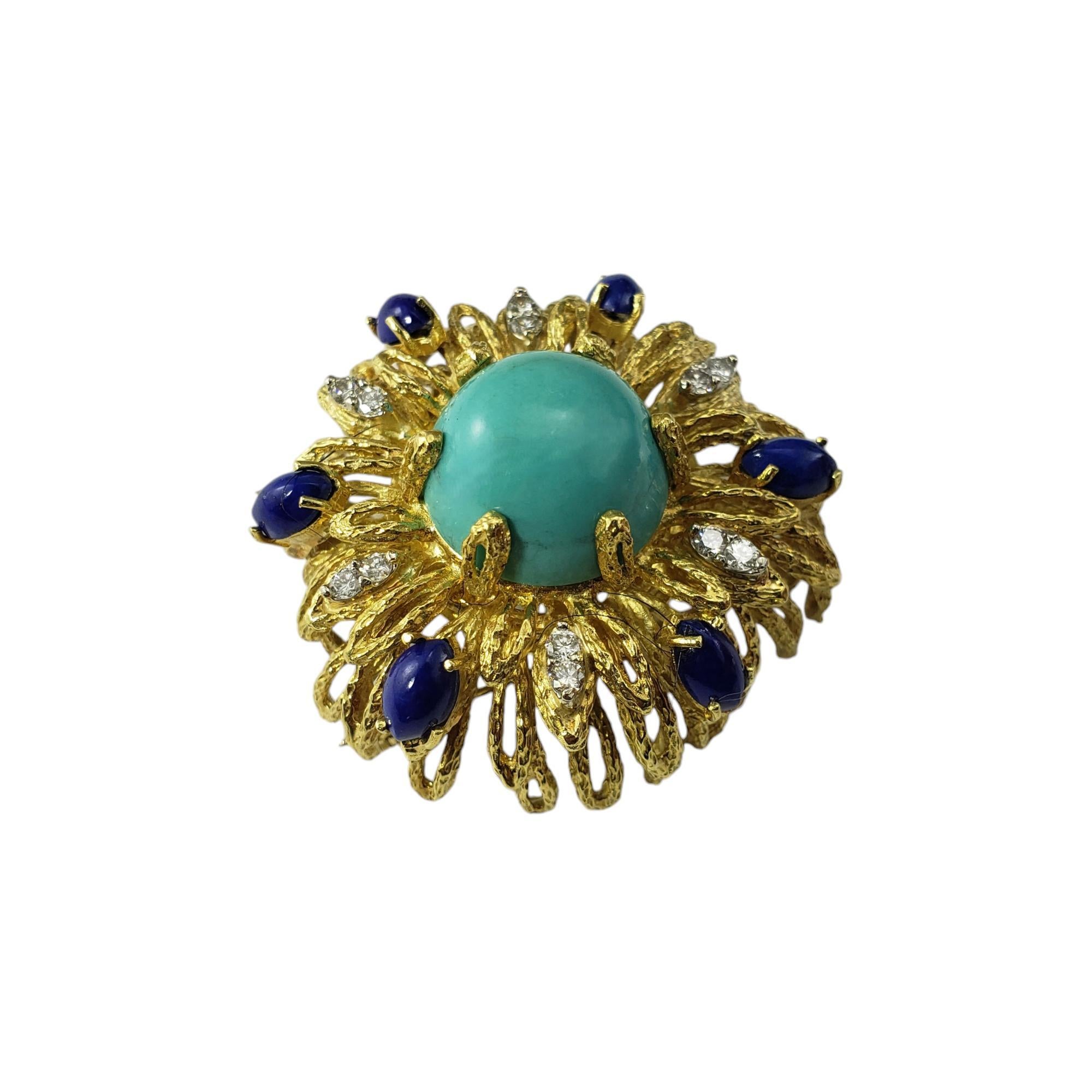 18 Karat Yellow Gold Gemstone and Diamond Brooch-

This spectacular brooch features one turquoise gemstone (15 mm), six oval lapis lazuli gemstones (7 mm x 4 mm) and 12 round brilliant cut diamonds set in beautifully detailed 18K yellow gold. 