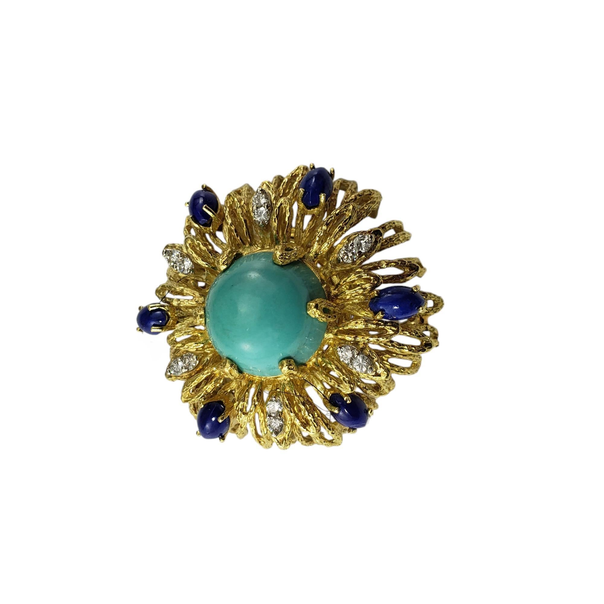 Contemporary La Triomphe 18 Karat Yellow Gold Turquoise, Lapis Lazuli & Diamond Brooch #18652 For Sale