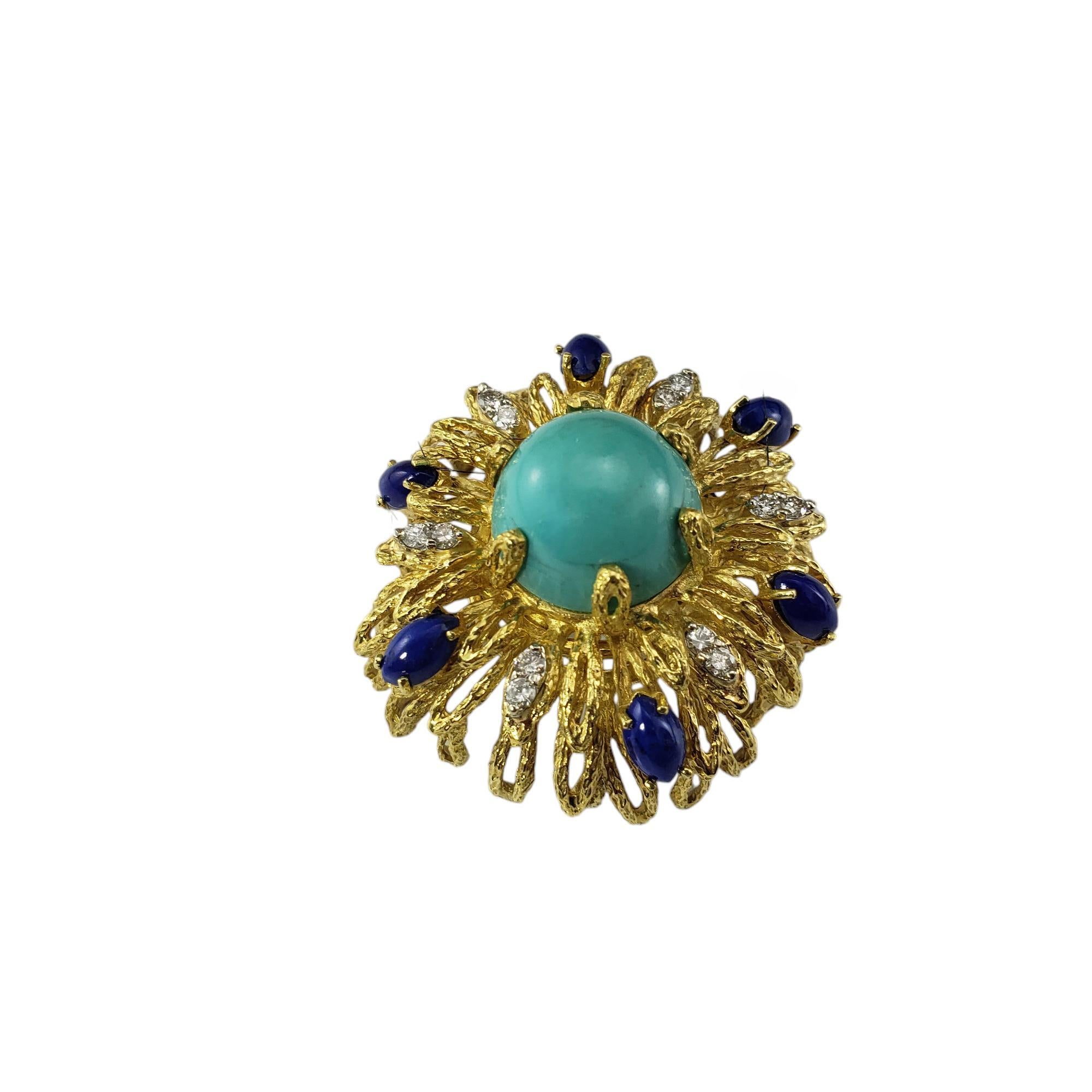 Brilliant Cut La Triomphe 18 Karat Yellow Gold Turquoise, Lapis Lazuli & Diamond Brooch #18652 For Sale
