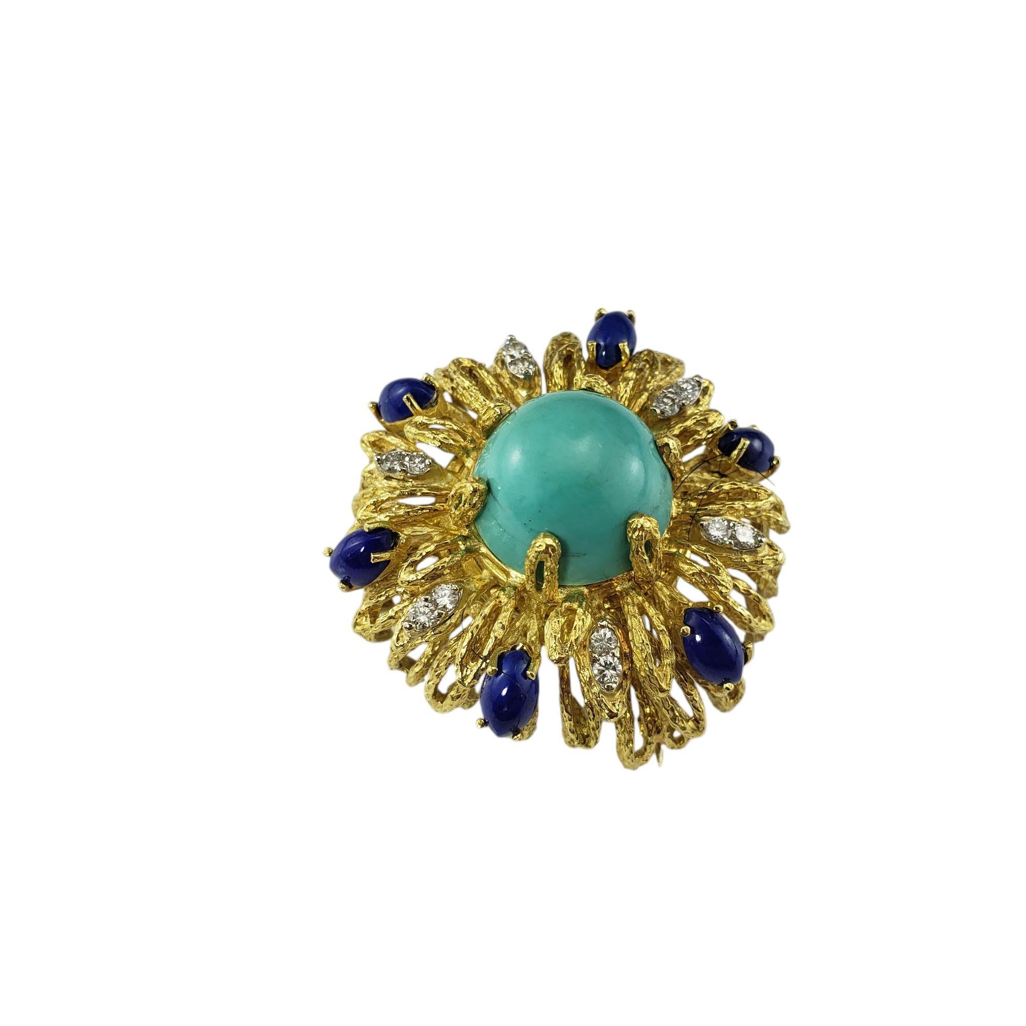 La Triomphe 18 Karat Yellow Gold Turquoise, Lapis Lazuli & Diamond Brooch #18652 In Good Condition For Sale In Washington Depot, CT
