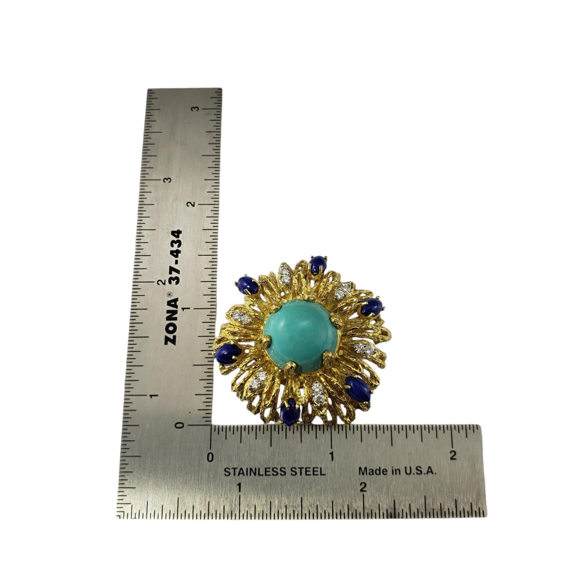 La Triomphe 18 Karat Yellow Gold Turquoise, Lapis Lazuli & Diamond Brooch #18652 For Sale 2