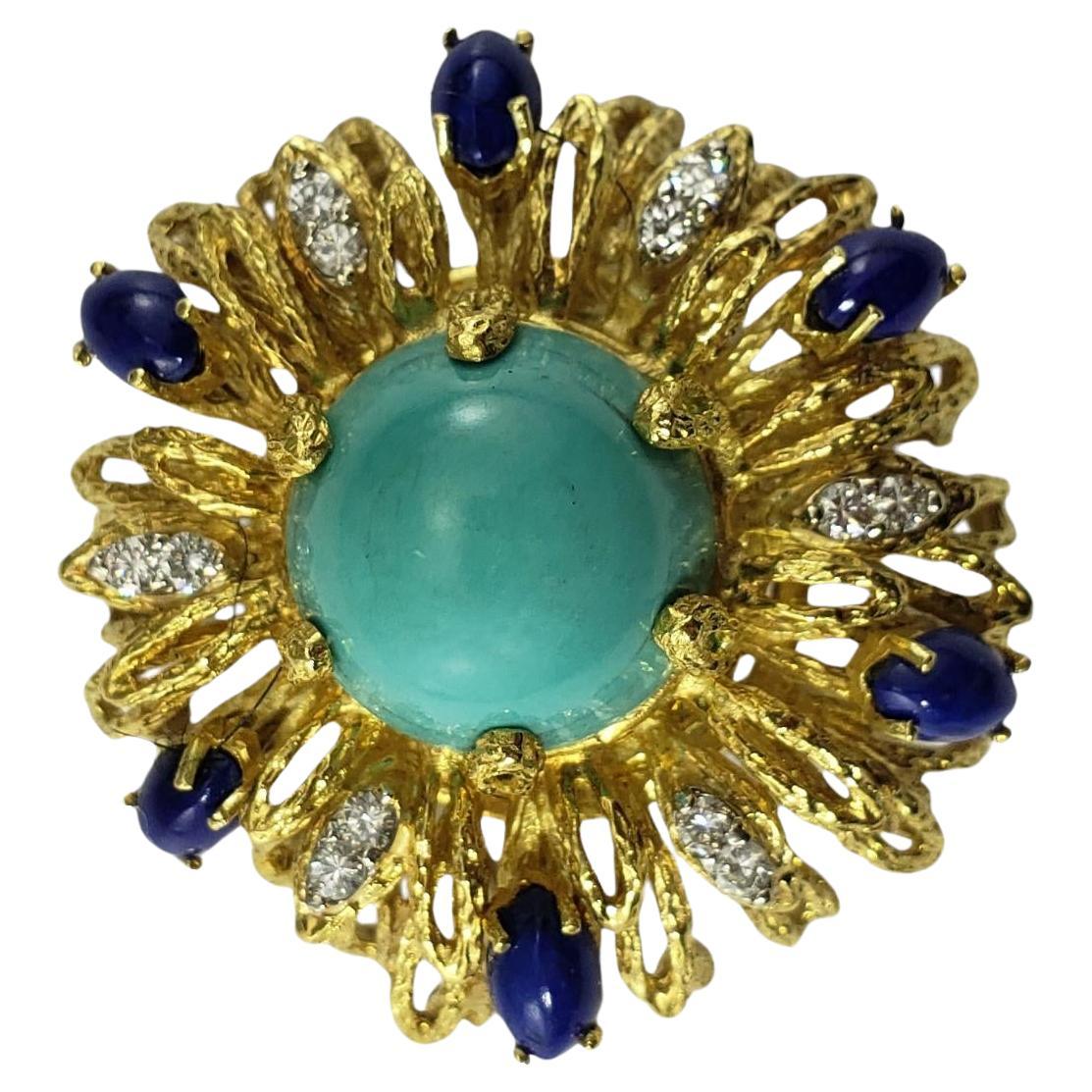 La Triomphe 18 Karat Yellow Gold Turquoise, Lapis Lazuli & Diamond Brooch #18652