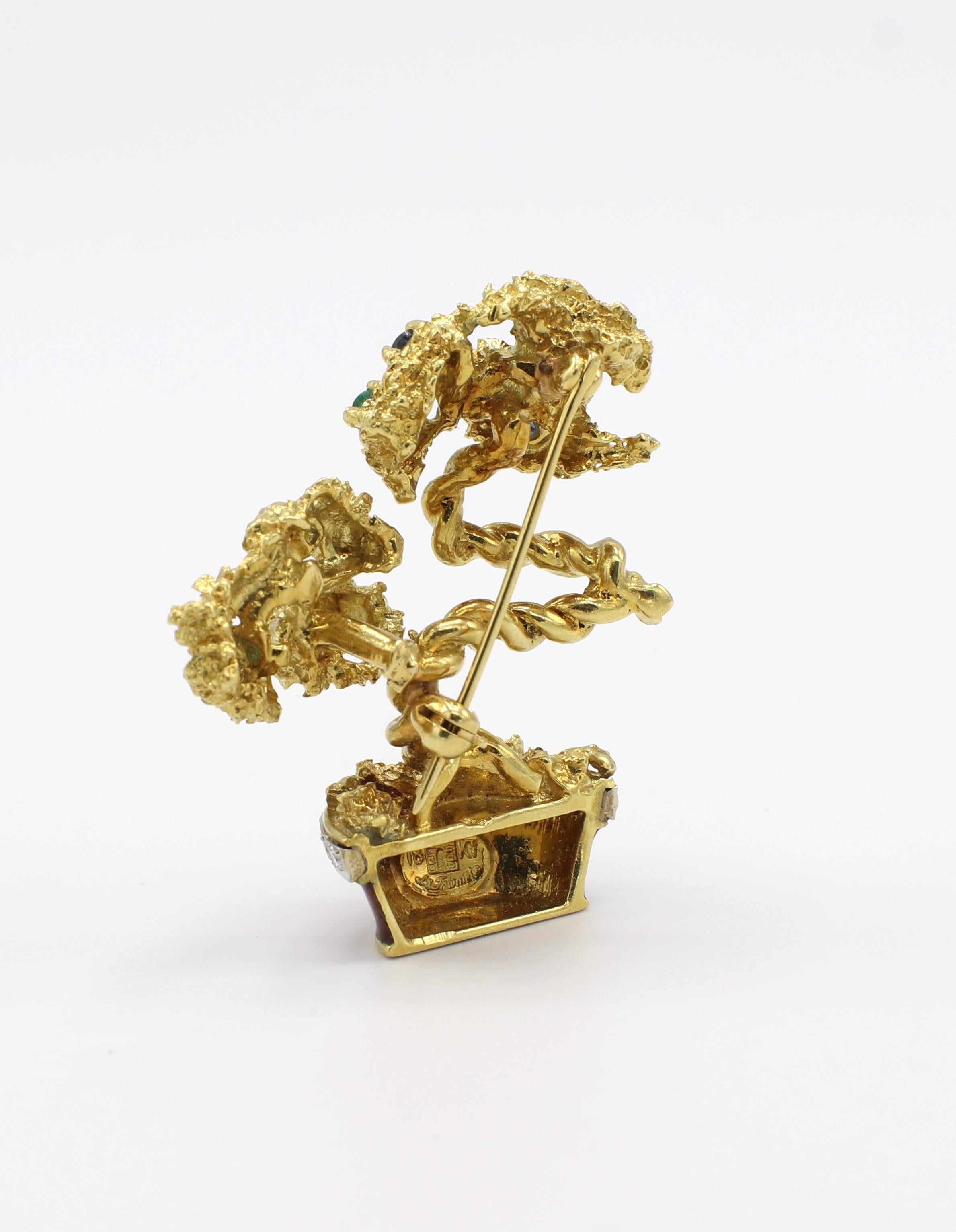 Round Cut La Triomphe 18 Karat Gold, Diamond, Gemstone and Enamel Bonsai Tree Brooch Pin