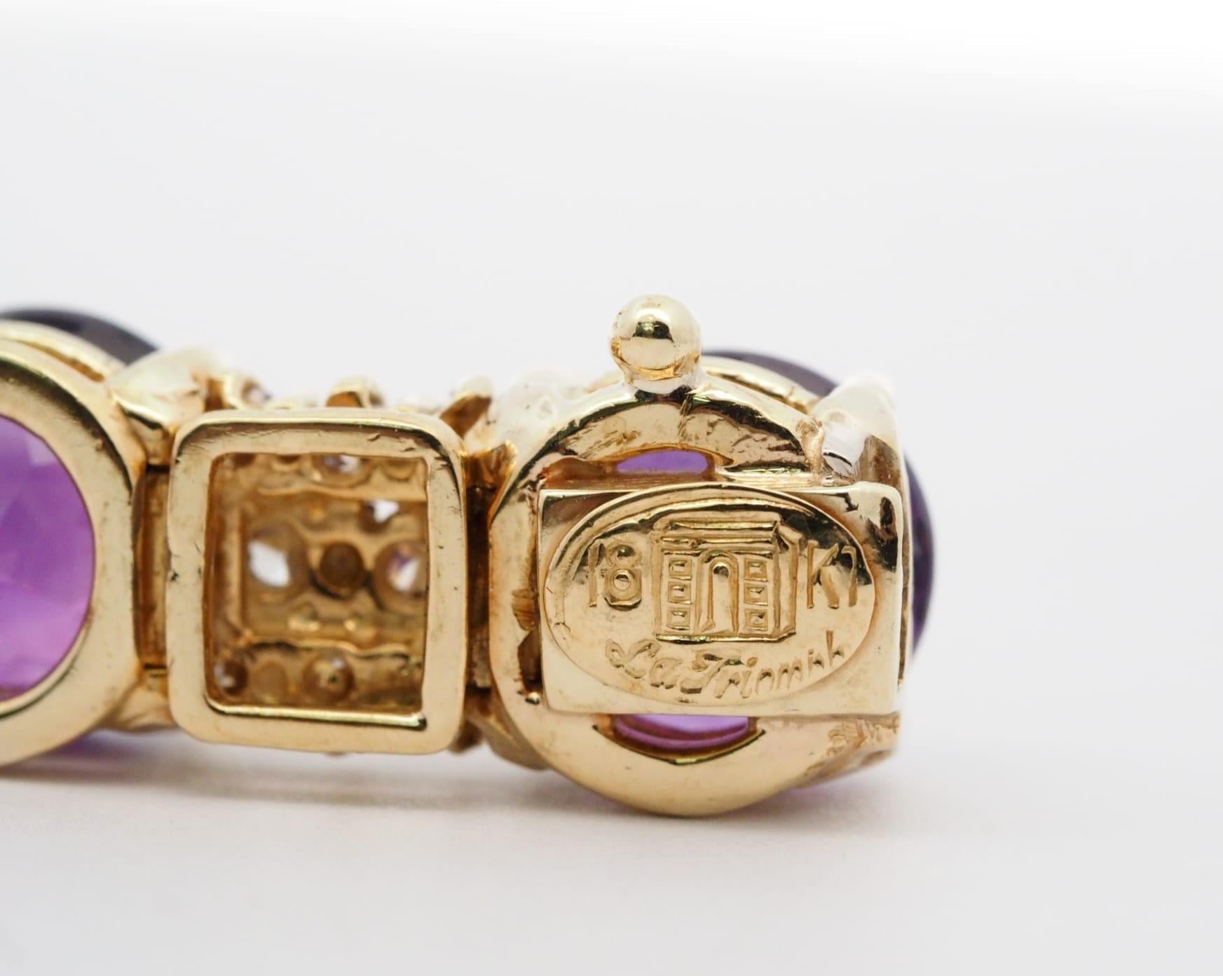 Retro La Triomphe 18K Yellow Gold 20 ct Amethyst & 4 ct Diamond Bracelet For Sale