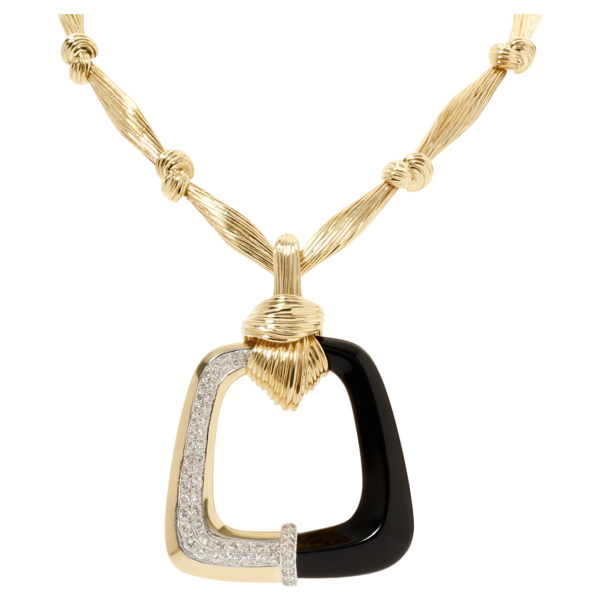 La Triomphe 18Karat Yellow Gold Diamond and Onyx Pendant on La Triomphe Necklace For Sale