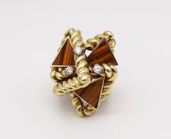 La Triomphe 1970 Retro Cocktail Ring in 14kt Gold 9.60cts Diamonds & Tiger Eye