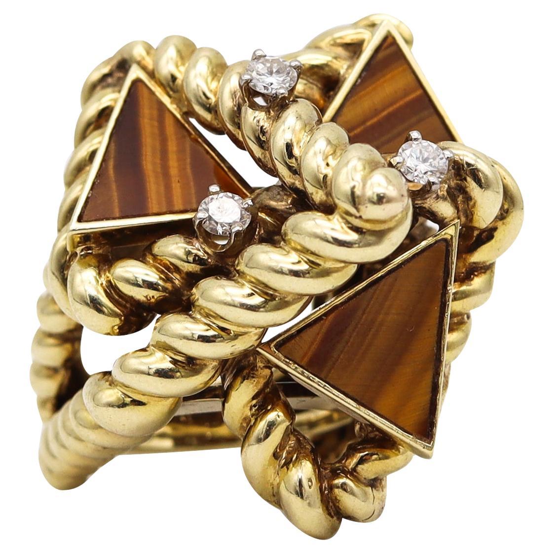 La Triomphe 1970 Retro Cocktail Ring in 14kt Gold 9.60cts Diamonds & Tiger Eye For Sale