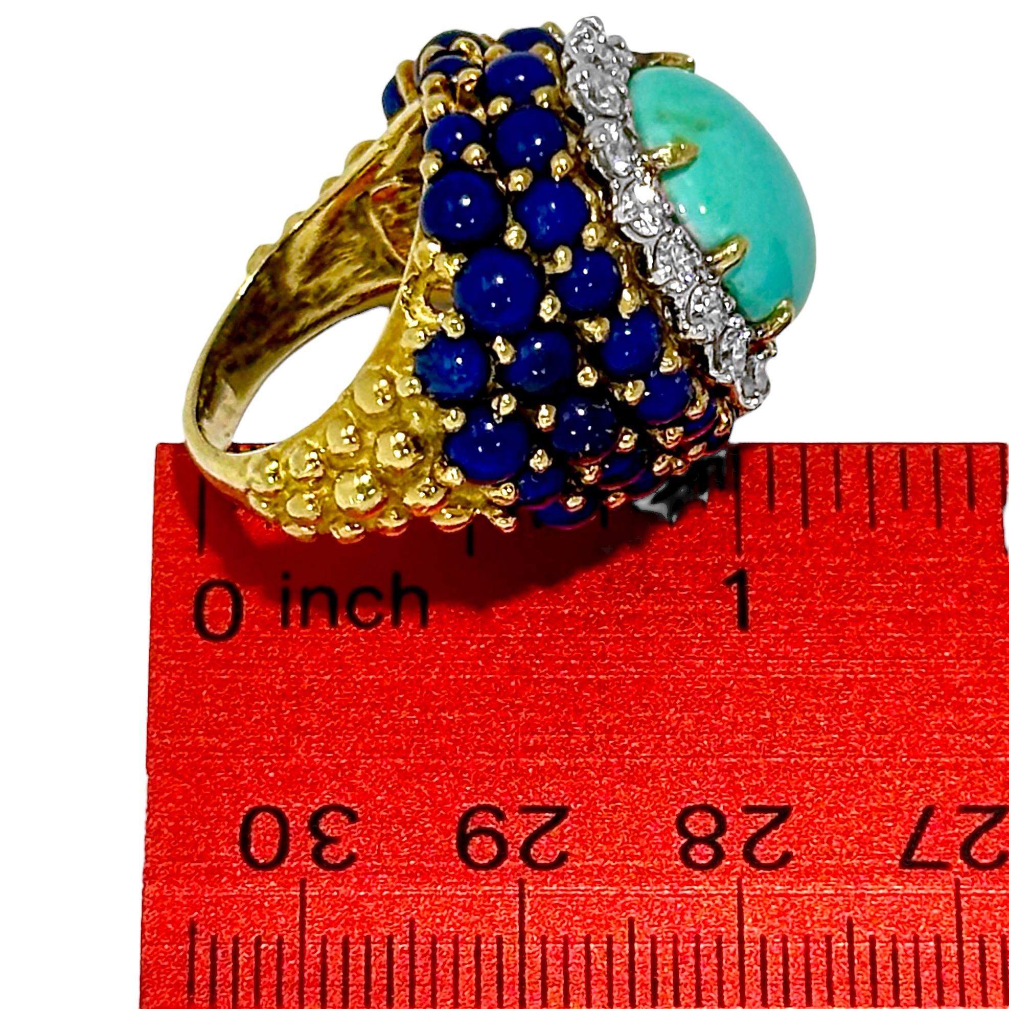 La Triomphe Big and Bold Diamond, Turquoise, Lapis and Yellow Gold Cocktail Ring 4