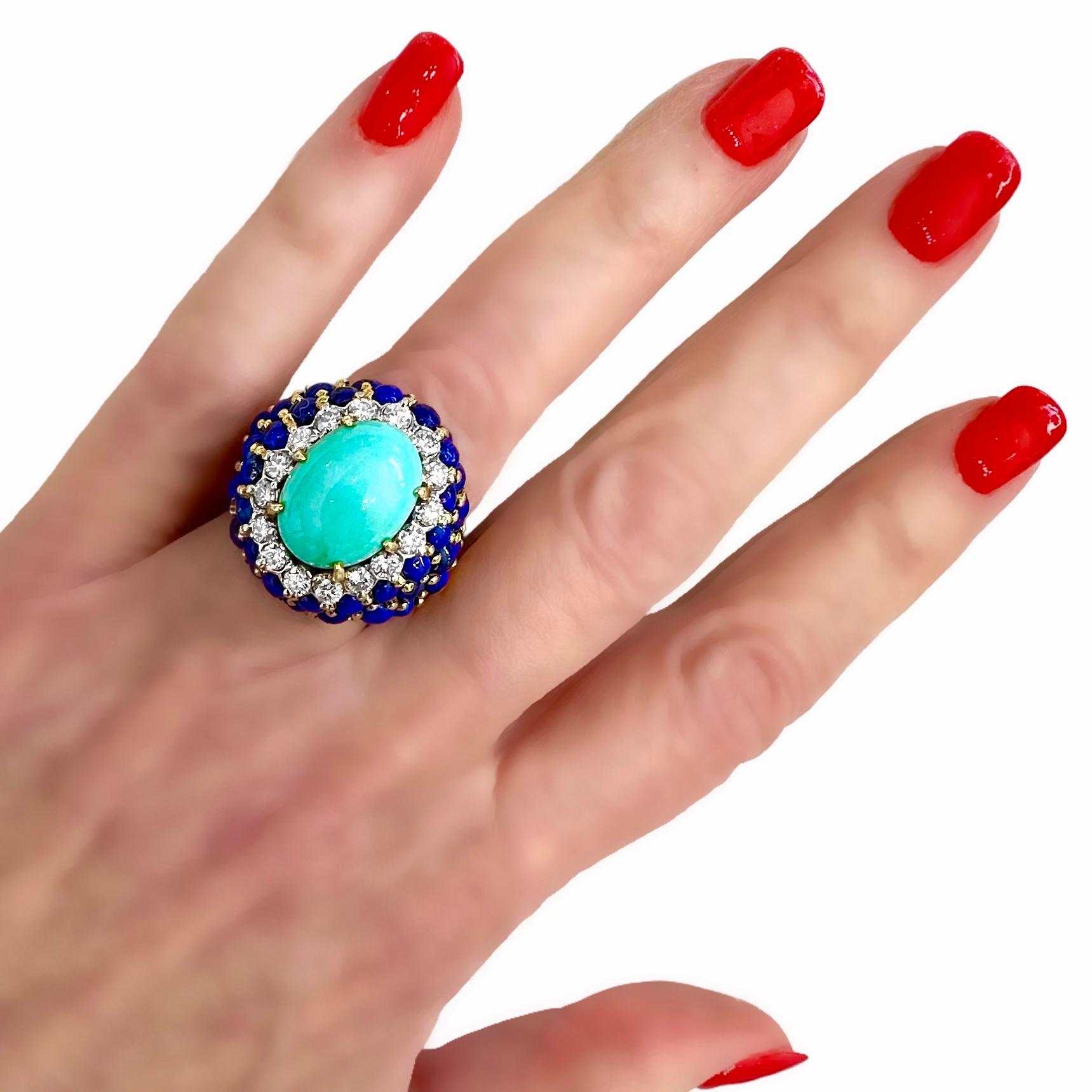 La Triomphe Big and Bold Diamond, Turquoise, Lapis and Yellow Gold Cocktail Ring 5