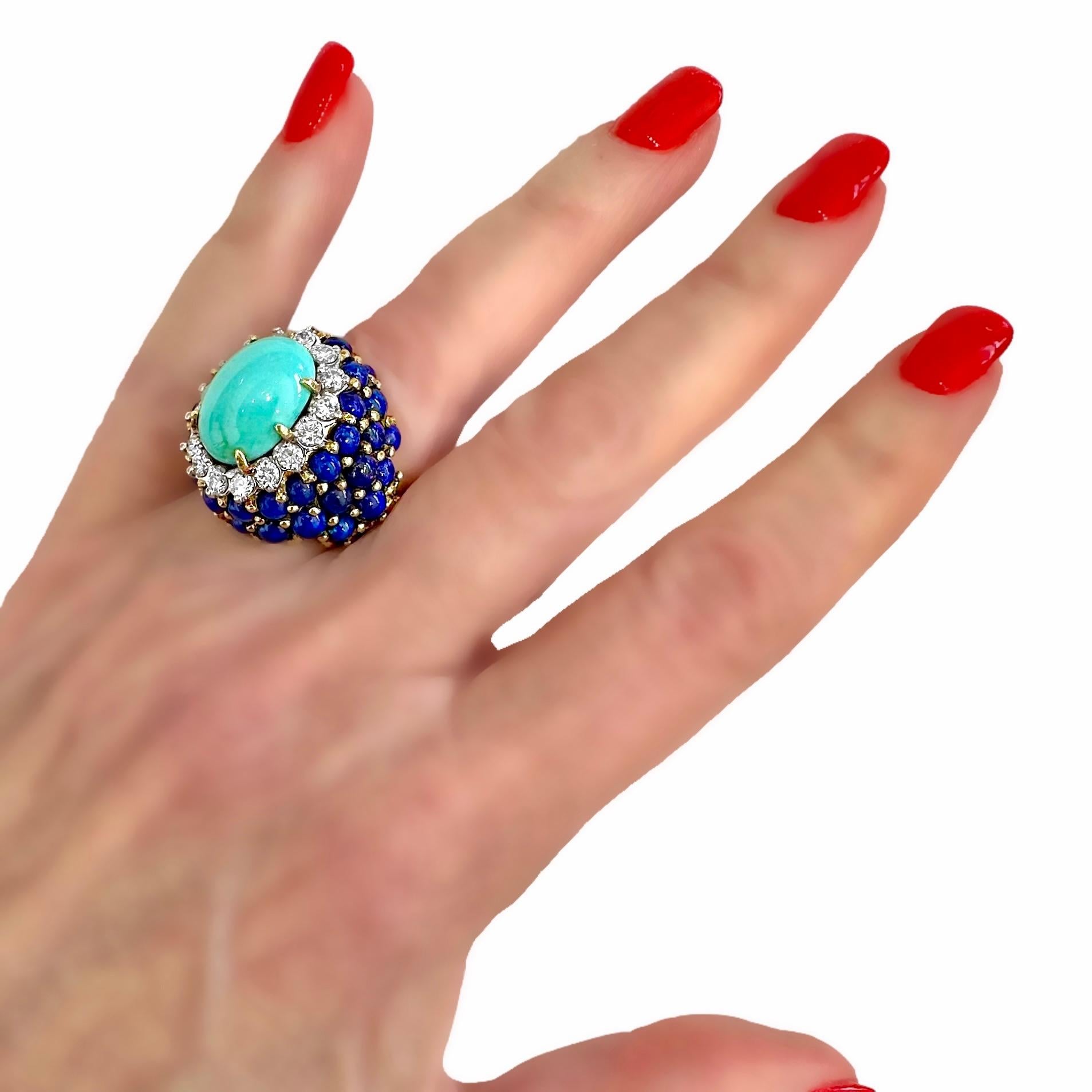 La Triomphe Big and Bold Diamond, Turquoise, Lapis and Yellow Gold Cocktail Ring 6