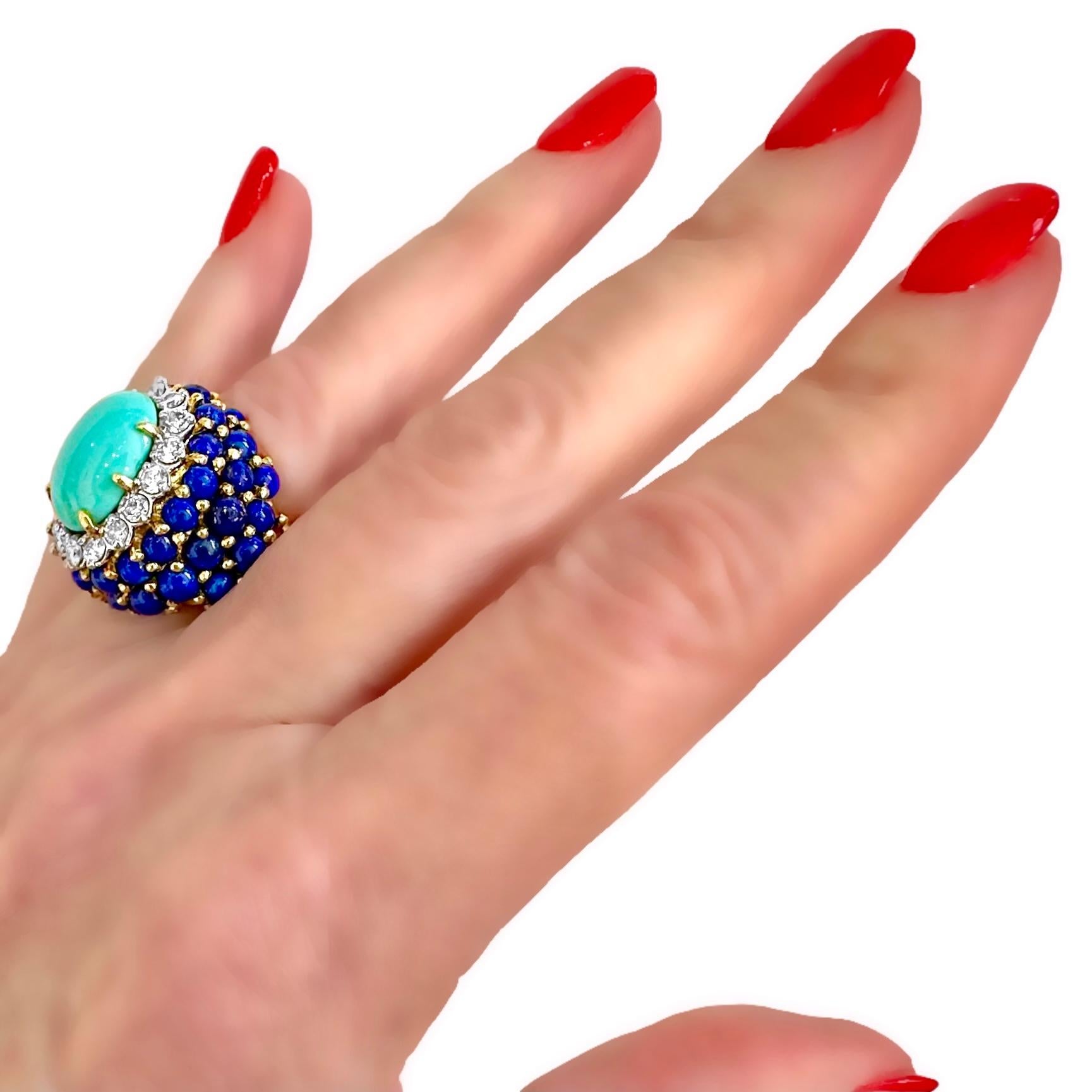 La Triomphe Big and Bold Diamond, Turquoise, Lapis and Yellow Gold Cocktail Ring 7