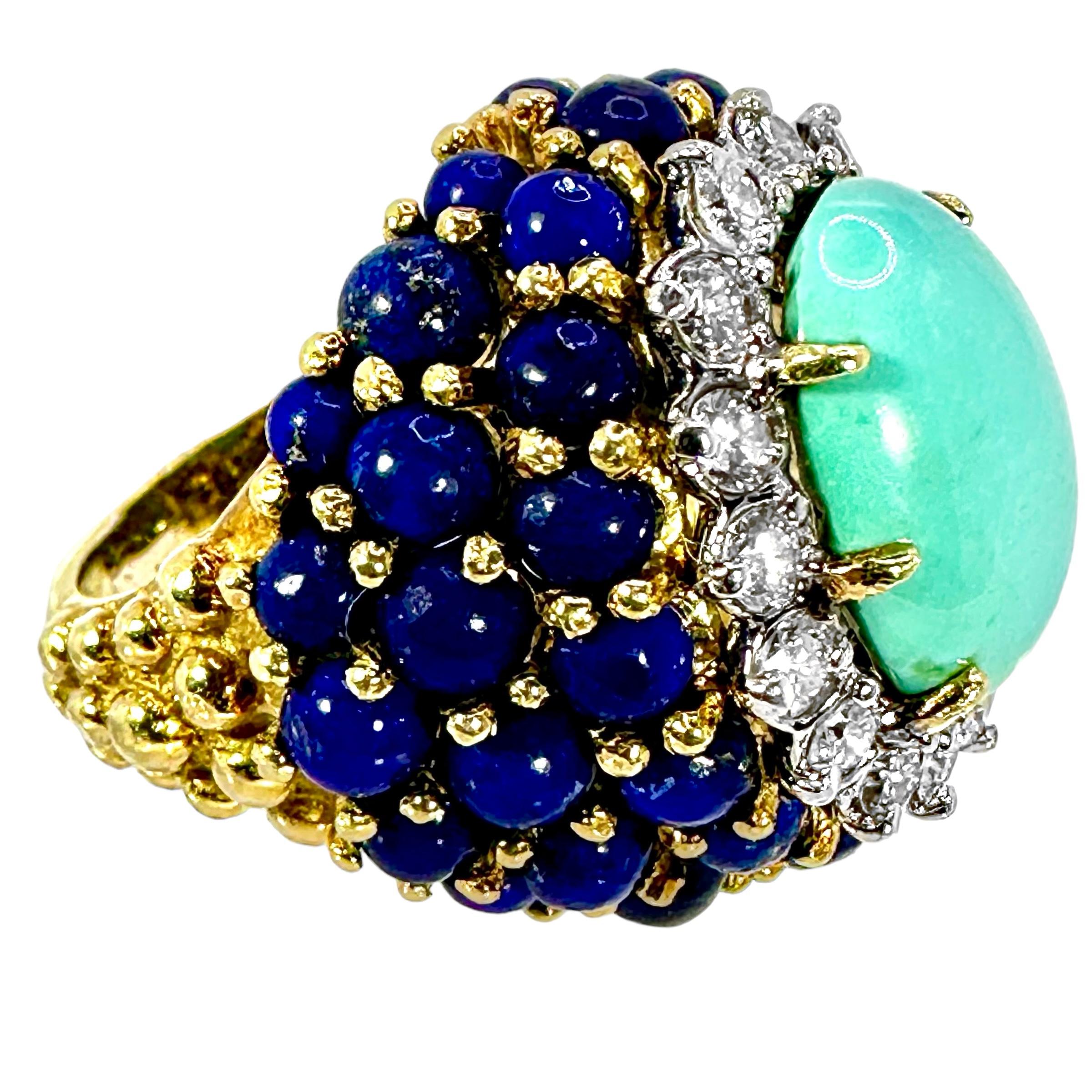 This wonderful Mid-century 18k yellow gold, bombe dome Turquoise, Lapis-lazuli and diamond cocktail ring by La Triomphe is truly iconic to the era in which it was imagined and created. The focal point is one fine Persian turquoise oval cabochon