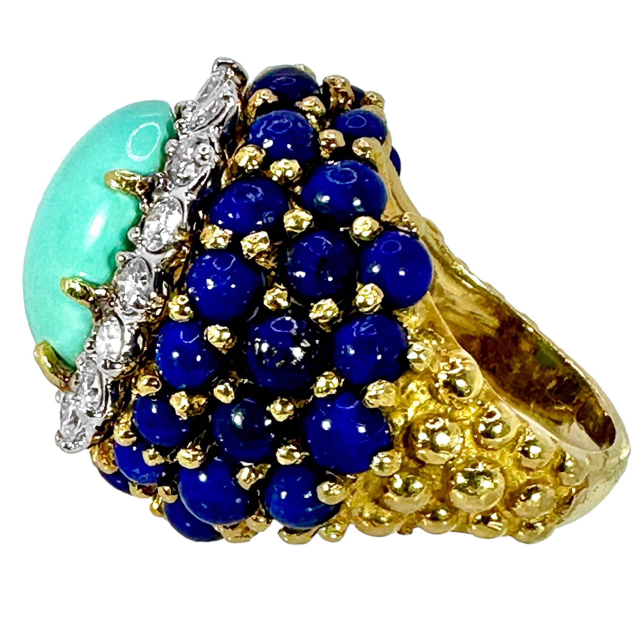 Cabochon La Triomphe Big and Bold Diamond, Turquoise, Lapis and Yellow Gold Cocktail Ring