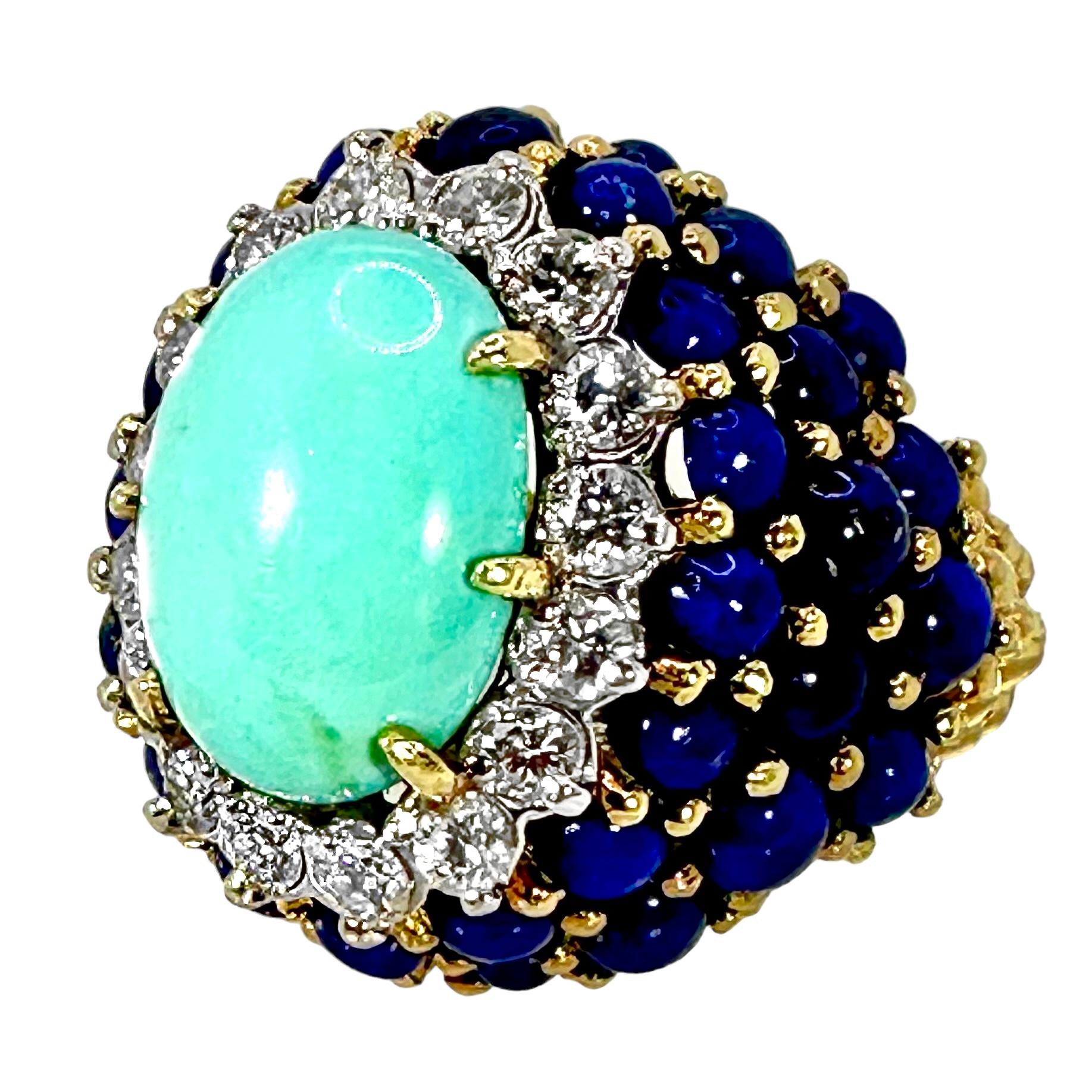 La Triomphe Big and Bold Diamond, Turquoise, Lapis and Yellow Gold Cocktail Ring In Good Condition In Palm Beach, FL