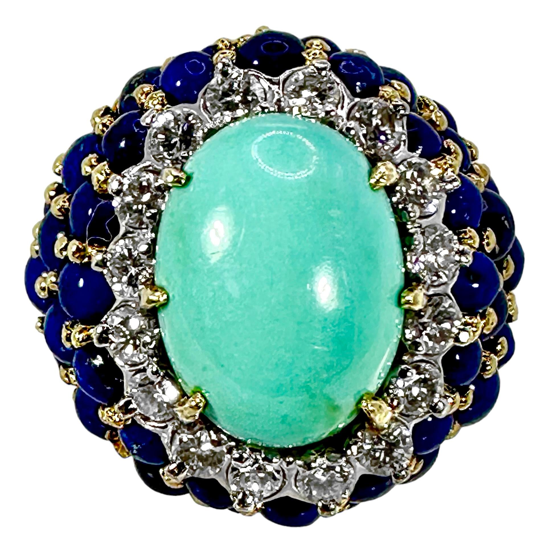 Women's or Men's La Triomphe Big and Bold Diamond, Turquoise, Lapis and Yellow Gold Cocktail Ring