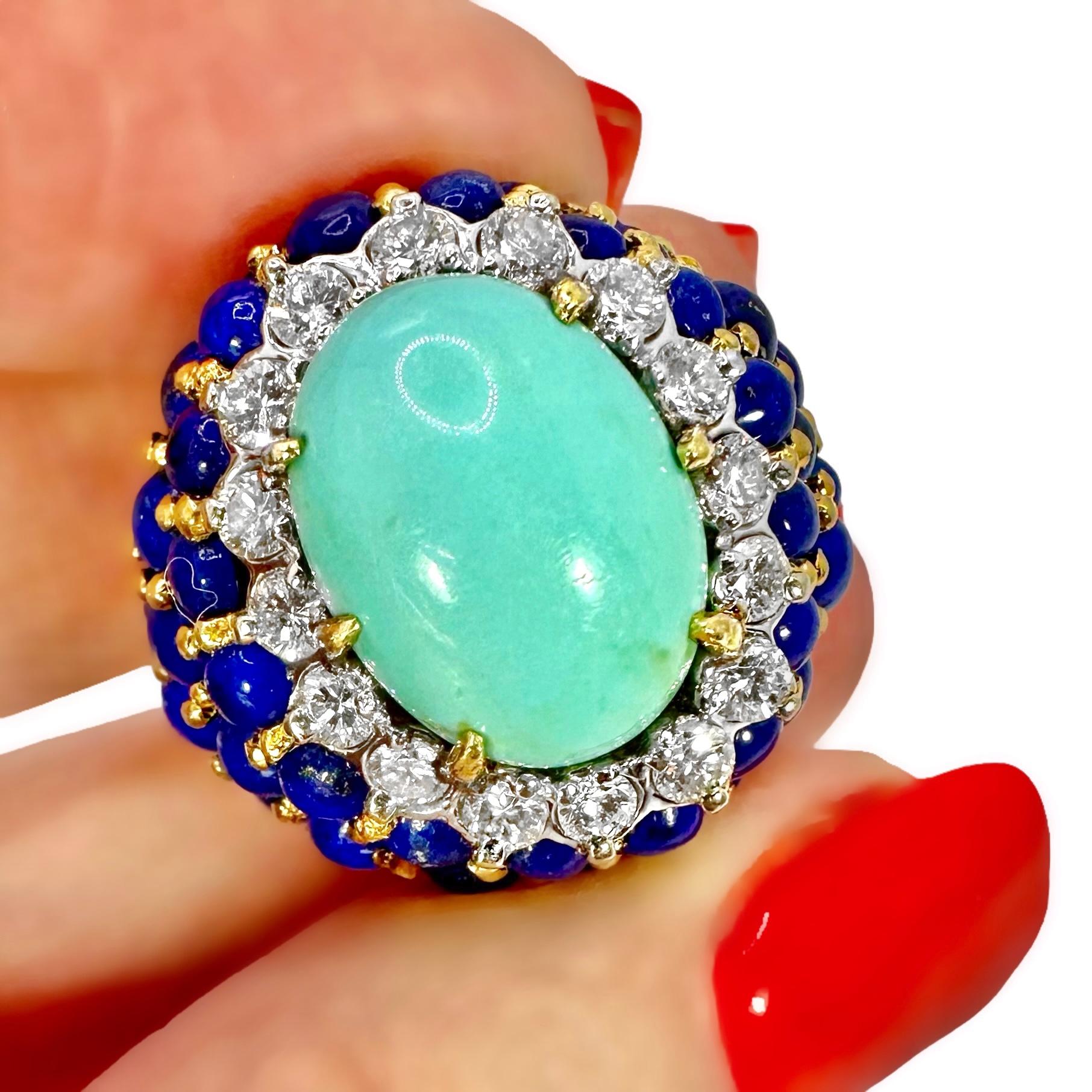 La Triomphe Big and Bold Diamond, Turquoise, Lapis and Yellow Gold Cocktail Ring 2