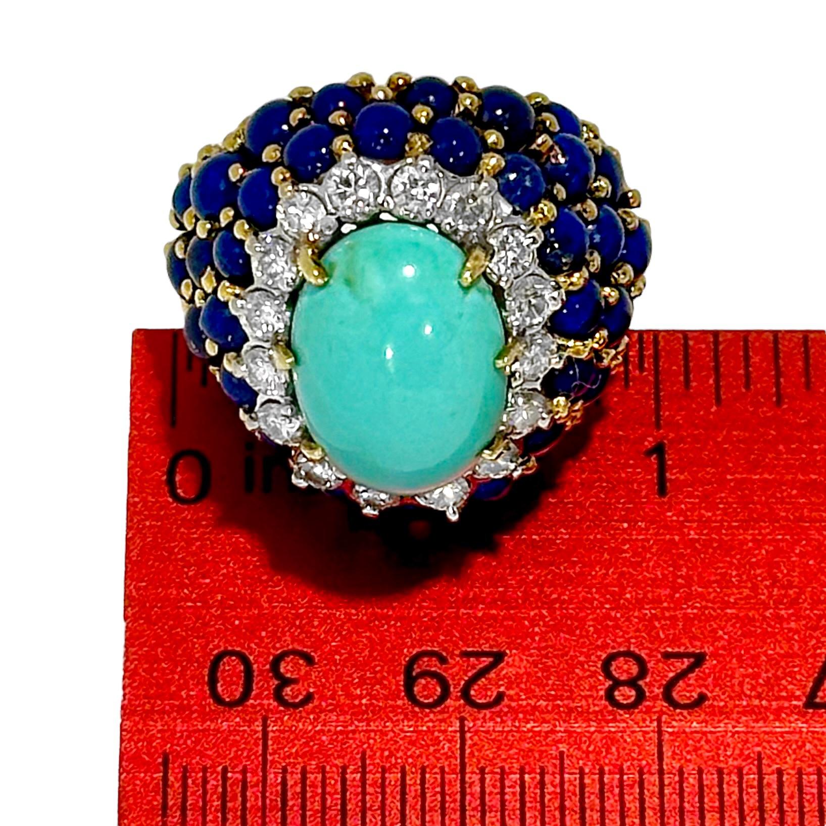 La Triomphe Big and Bold Diamond, Turquoise, Lapis and Yellow Gold Cocktail Ring 3