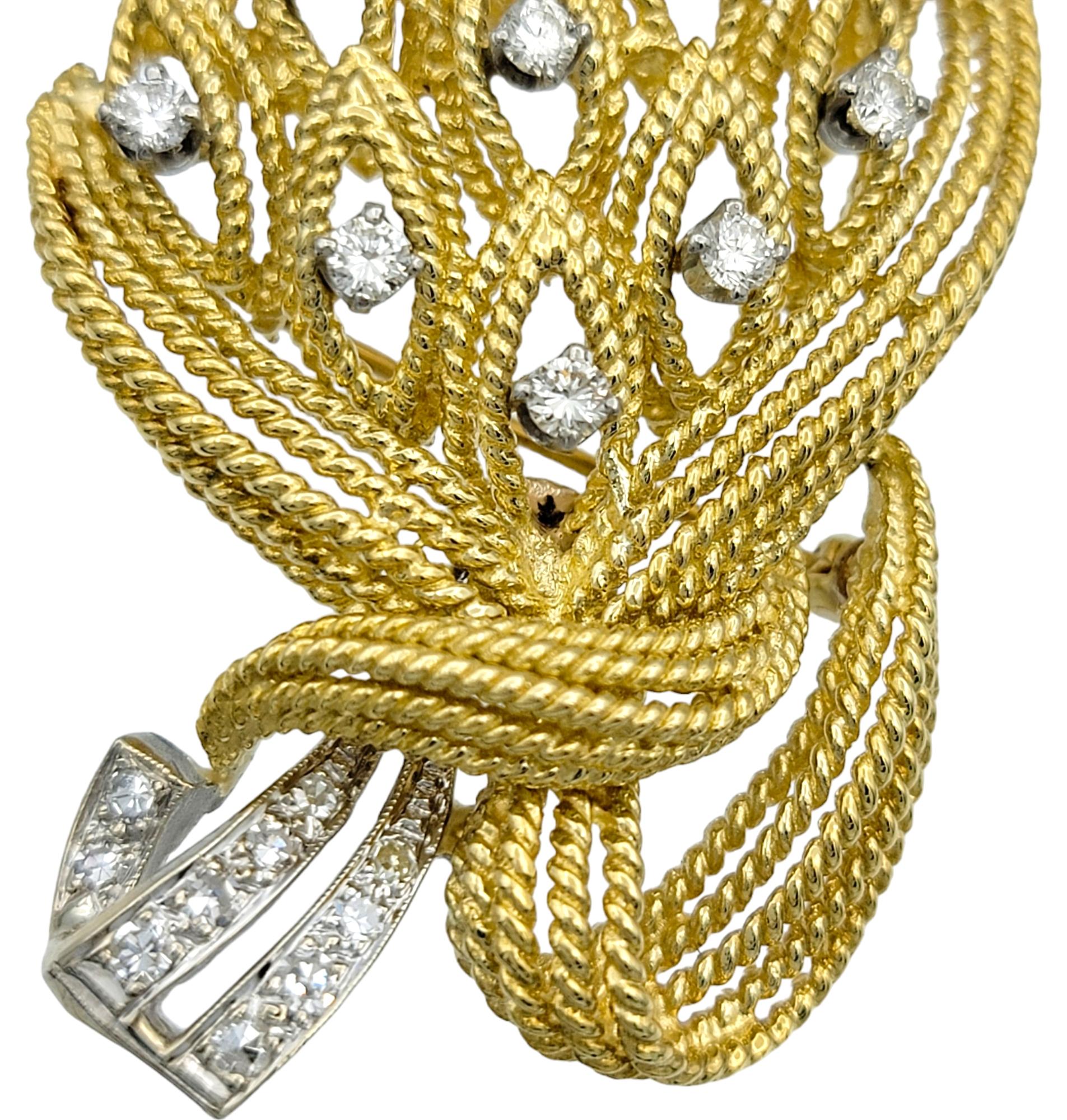 La Triomphe Diamond Bouquet and Ribbon Brooch in 18 Karat Yellow & White Gold In Good Condition For Sale In Scottsdale, AZ