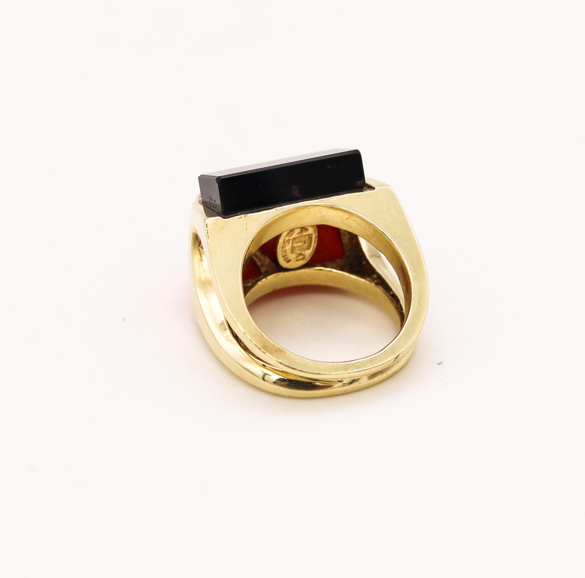 Mixed Cut La Triomphe Geometric Cocktail Ring in 18Kt Gold with Diamonds Coral Onyx For Sale