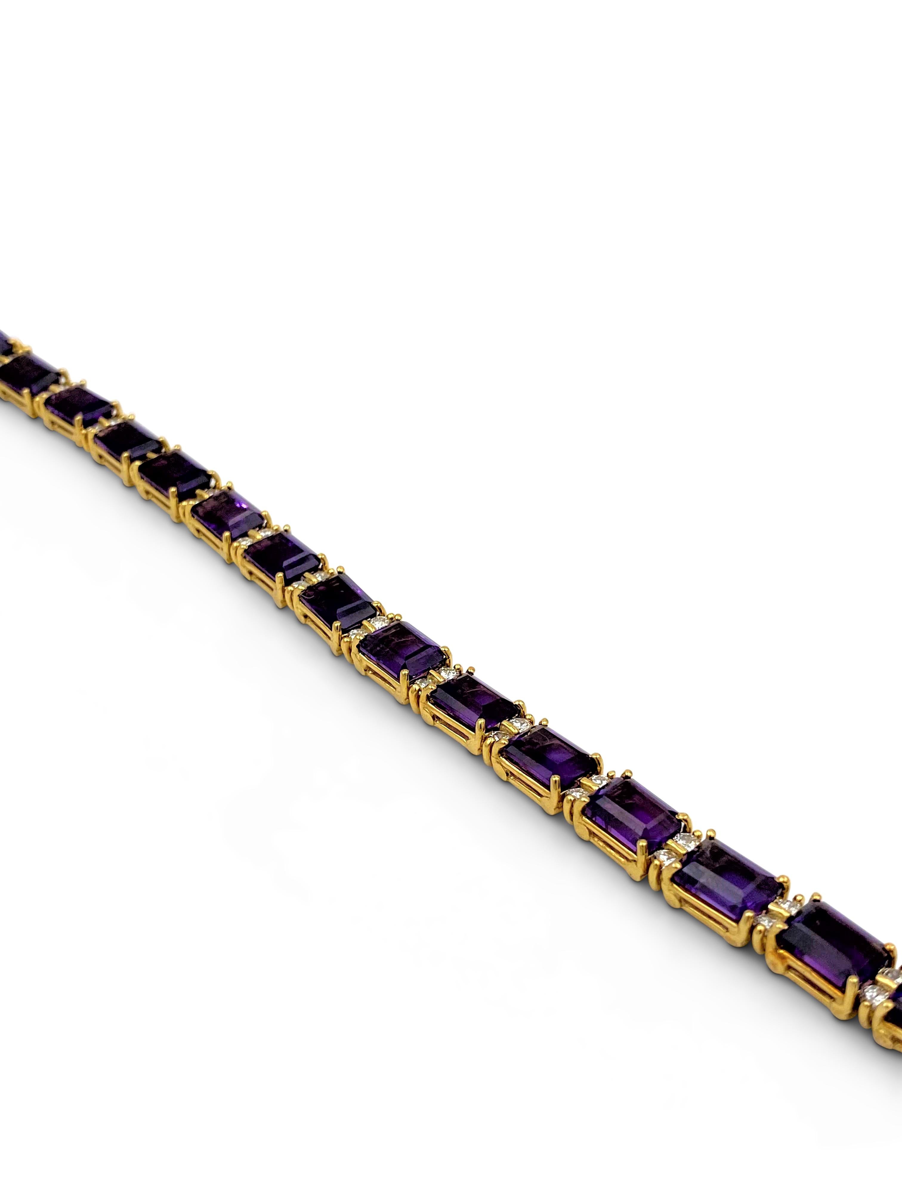 A vibrant line bracelet set with an estimated 20 carats of amethyst stones separated by round brilliant cut diamonds (E-F color, VS clarity) weighing approximately 1.60 carats. Signed La Triomphe, maker's mark. The bracelet is not presented with