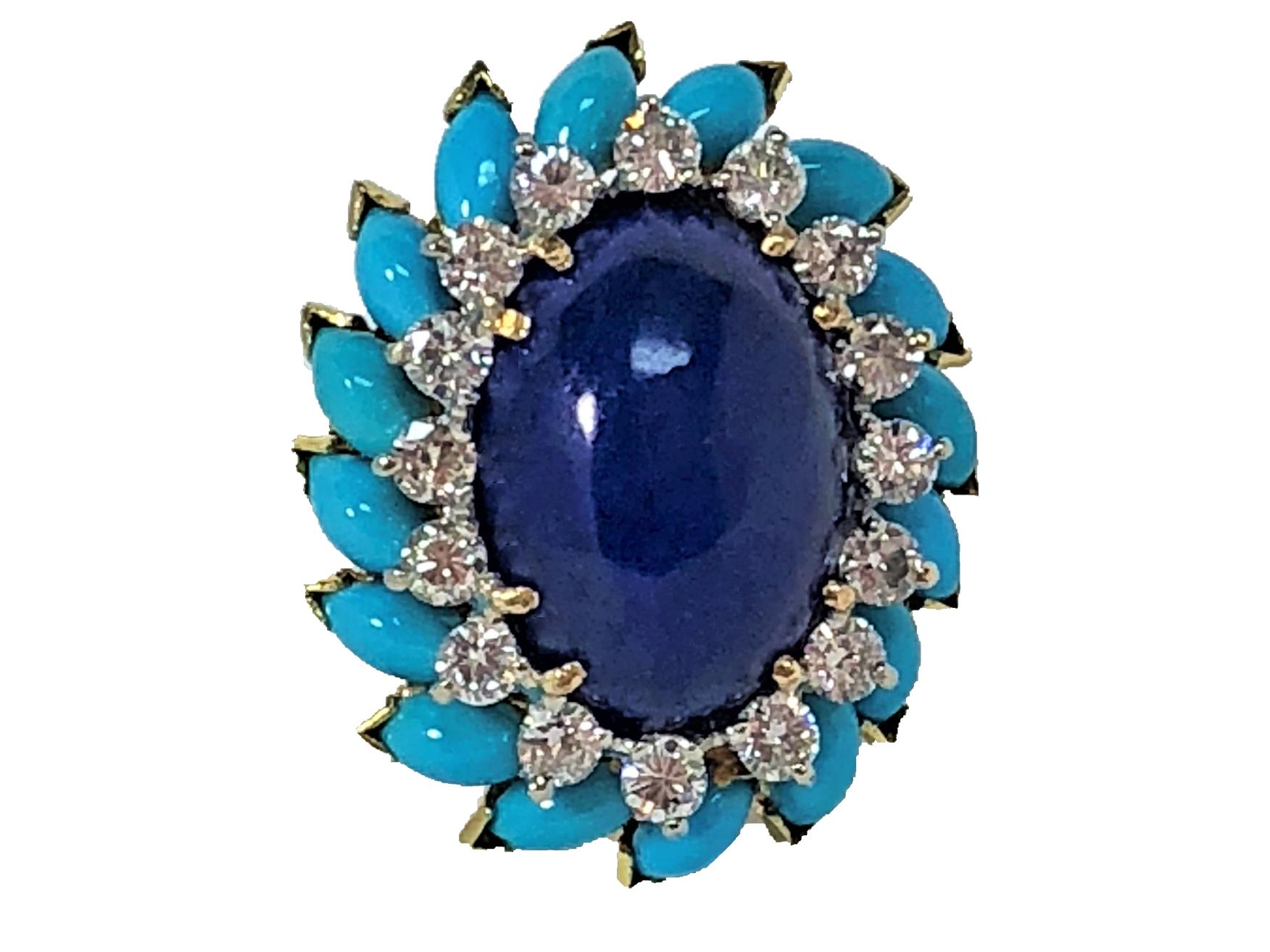Made by La Triomphe, this large scale, dramatic, 18K Yellow Gold  ring is set with one oval 
Lapis Lazuli cabochon in the center (29mm x 20mm), surrounded by 16 round brilliant cut diamonds weighing an approximate total of 1.55CT of overall G Color