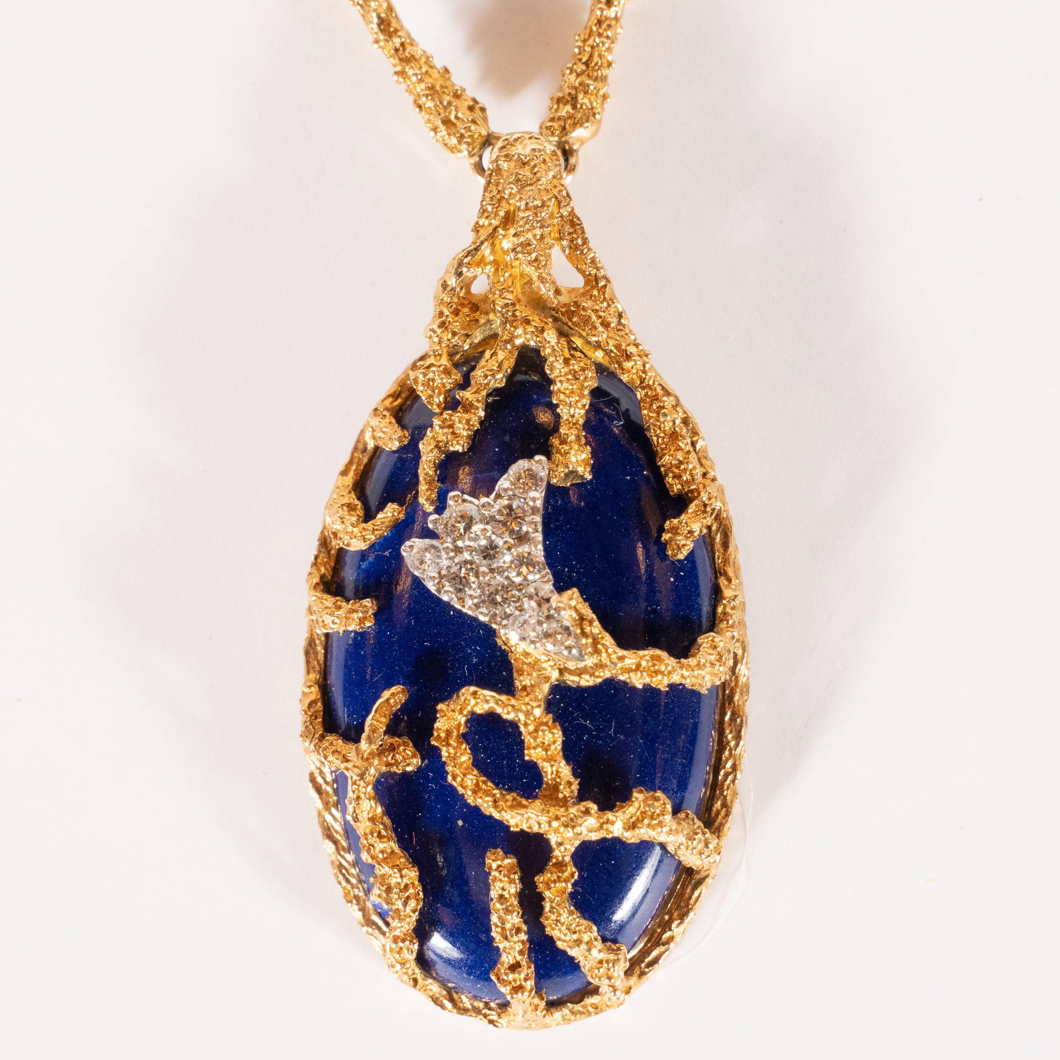 Women's La Triomphe Tear Drop Lapis and Round Brilliant Diamond 18 Karat Gold Pendant For Sale