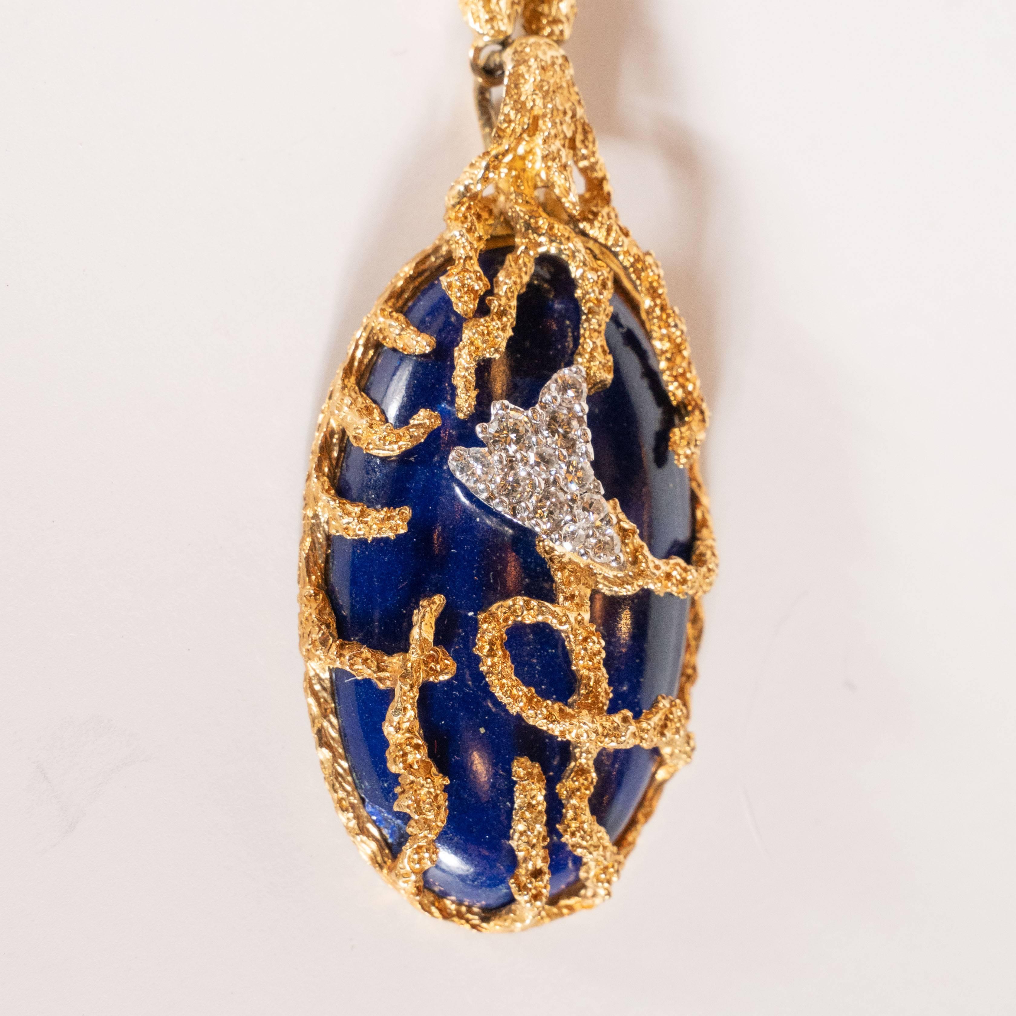 La Triomphe Tear Drop Lapis and Round Brilliant Diamond 18 Karat Gold Pendant For Sale 1