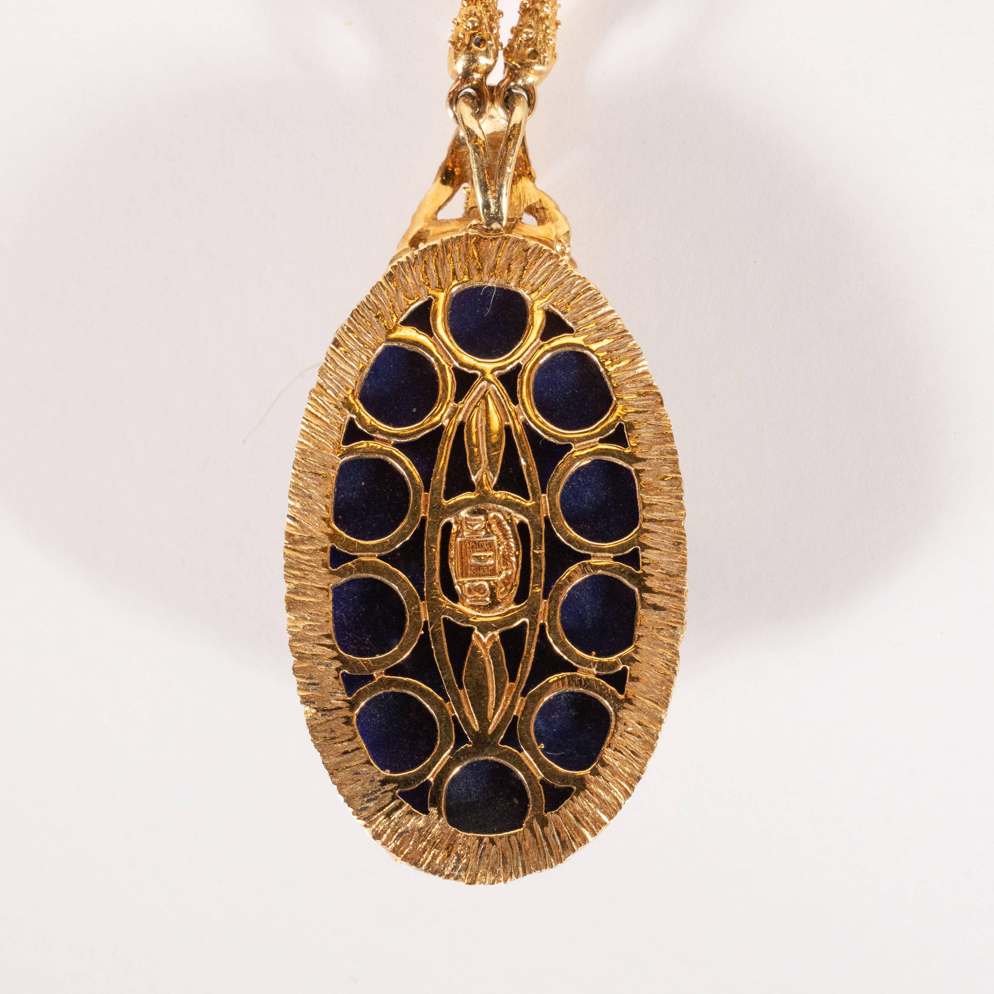 La Triomphe Tear Drop Lapis and Round Brilliant Diamond 18 Karat Gold Pendant For Sale 2