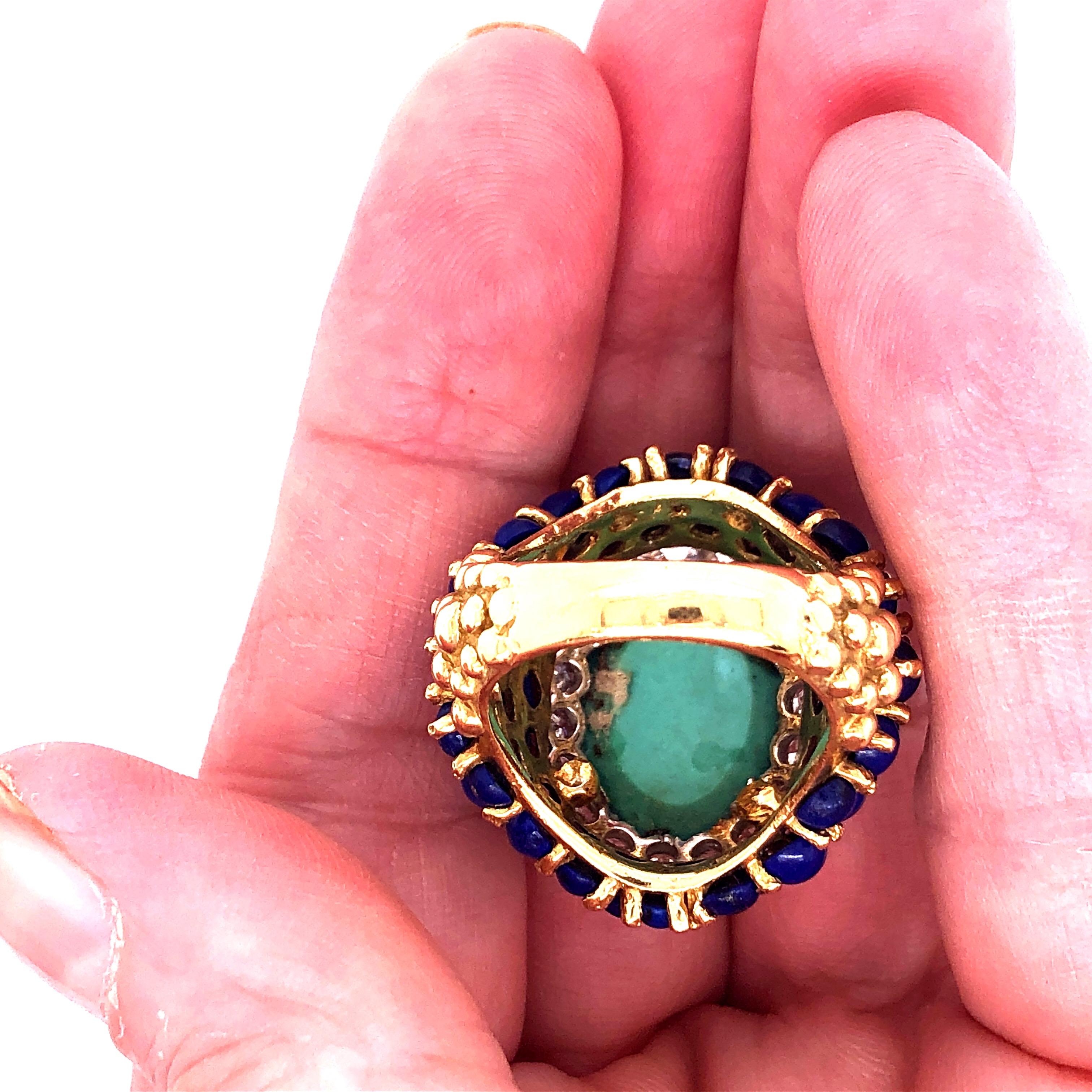 Round Cut La Triomphe Turquoise Lapis and Diamond Ring