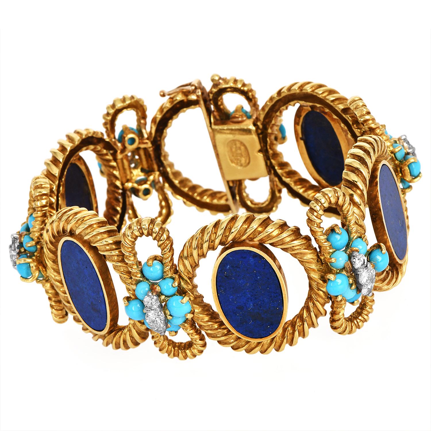 Taglio rotondo La Triomphe Vintage Lapis Persico Turchese e Diamante in Oro Giallo 18k Bracciale largo in vendita