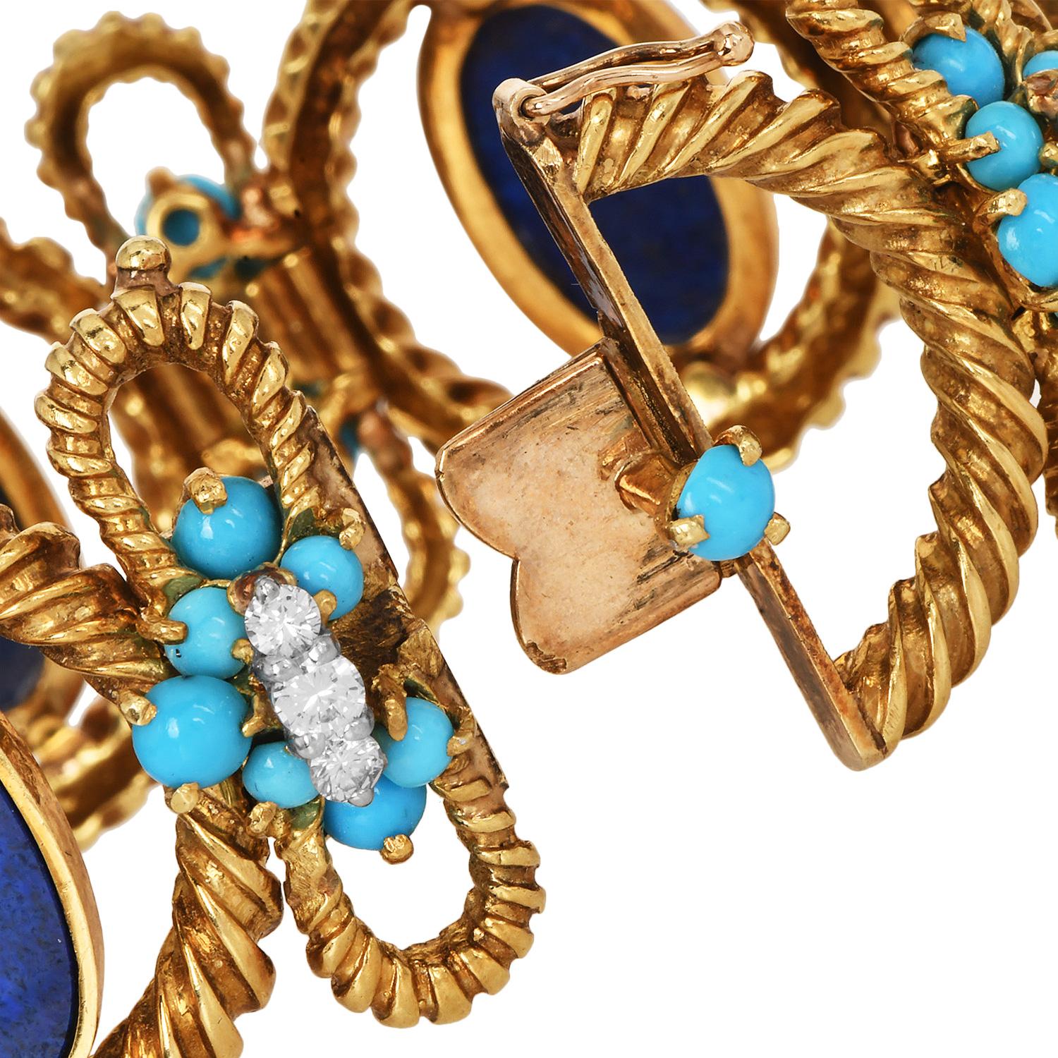 La Triomphe Vintage Lapis Persico Turchese e Diamante in Oro Giallo 18k Bracciale largo In condizioni ottime in vendita a Miami, FL