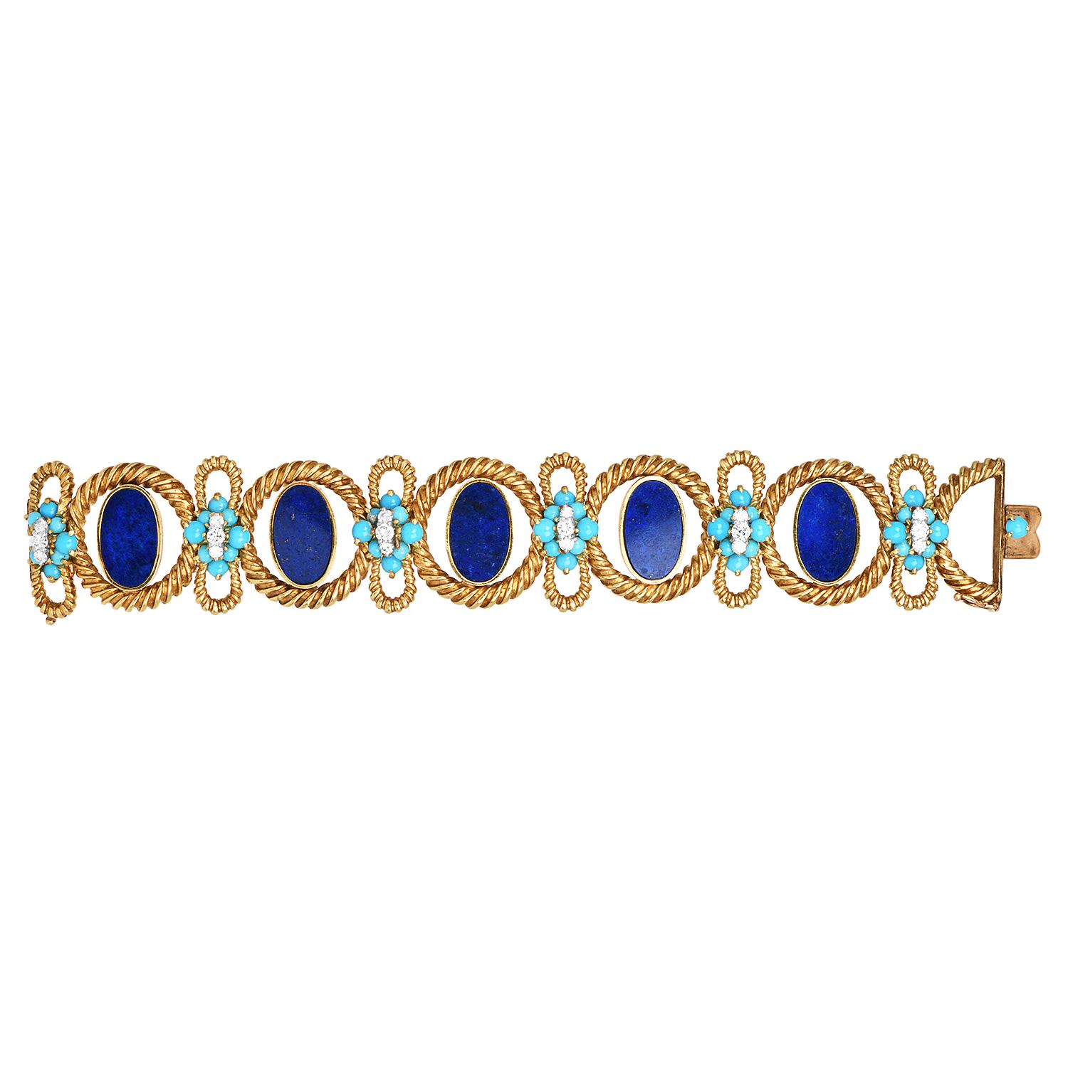 Donna La Triomphe Vintage Lapis Persico Turchese e Diamante in Oro Giallo 18k Bracciale largo in vendita