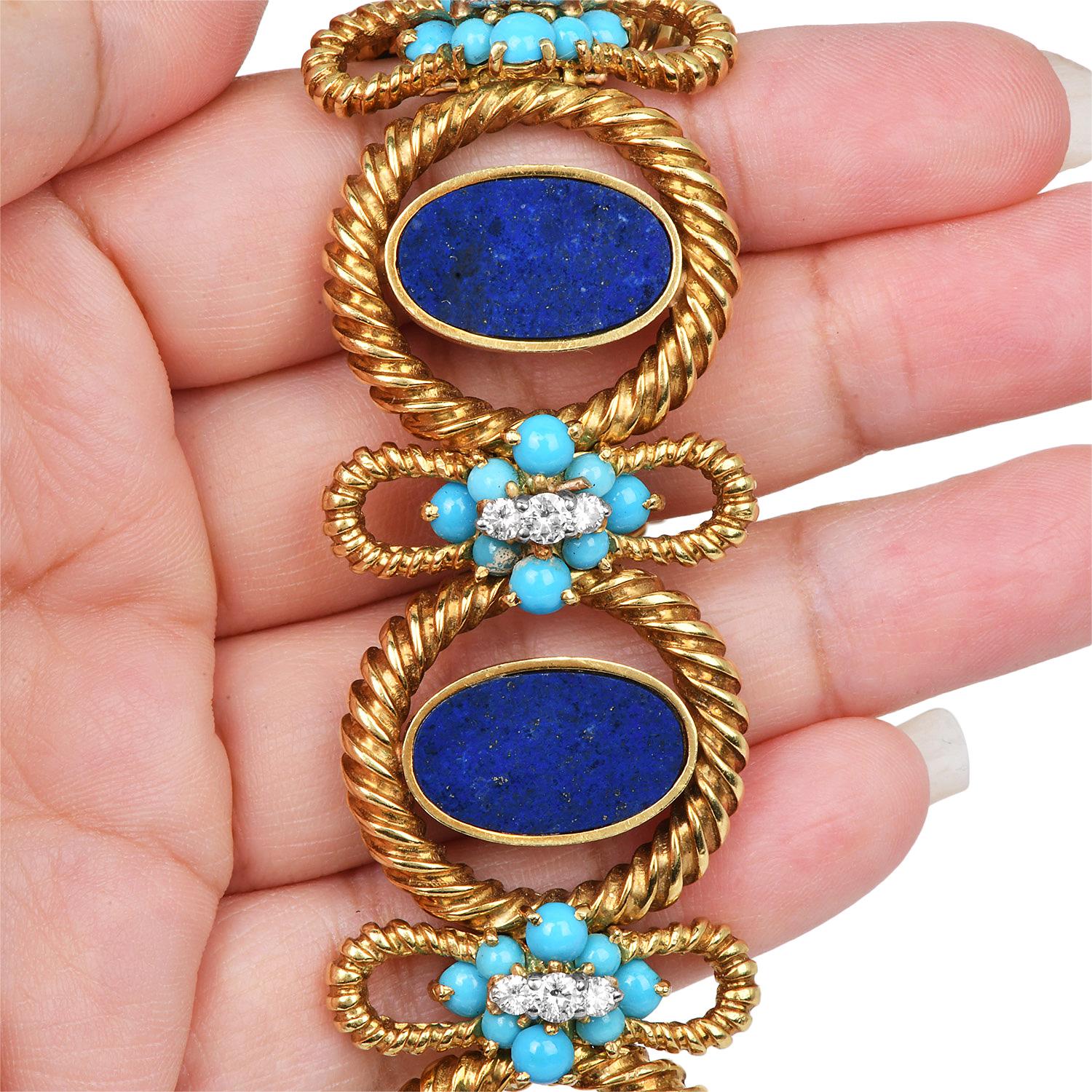 La Triomphe Vintage Lapis Persico Turchese e Diamante in Oro Giallo 18k Bracciale largo in vendita 1
