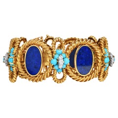 La Triomphe Vintage Lapis Persico Turchese e Diamante in Oro Giallo 18k Bracciale largo