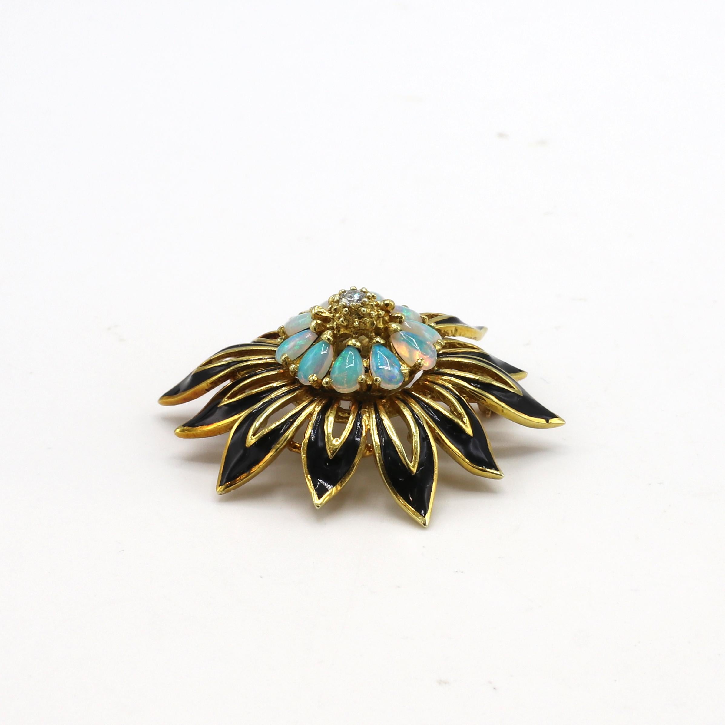 Pear Cut La Triomphe Yellow Gold Black Enamel Natural Diamond & Opal Flower Pin Brooch  For Sale