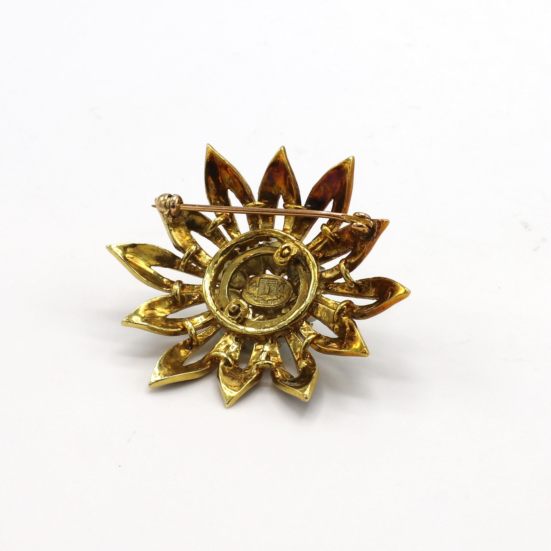 La Triomphe Yellow Gold Black Enamel Natural Diamond & Opal Flower Pin Brooch  In Excellent Condition For Sale In  Baltimore, MD