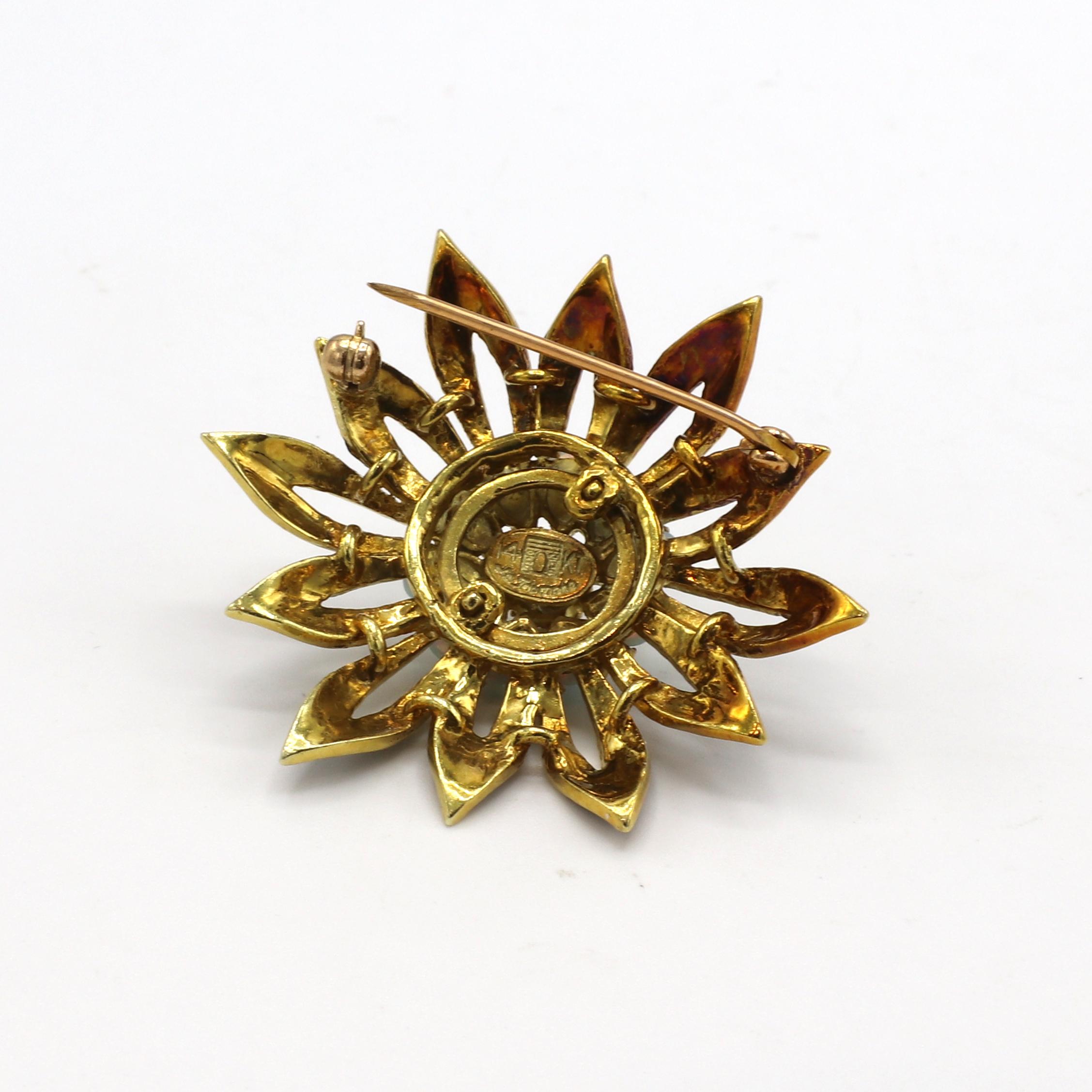 La Triomphe Yellow Gold Black Enamel Natural Diamond & Opal Flower Pin Brooch  For Sale 1