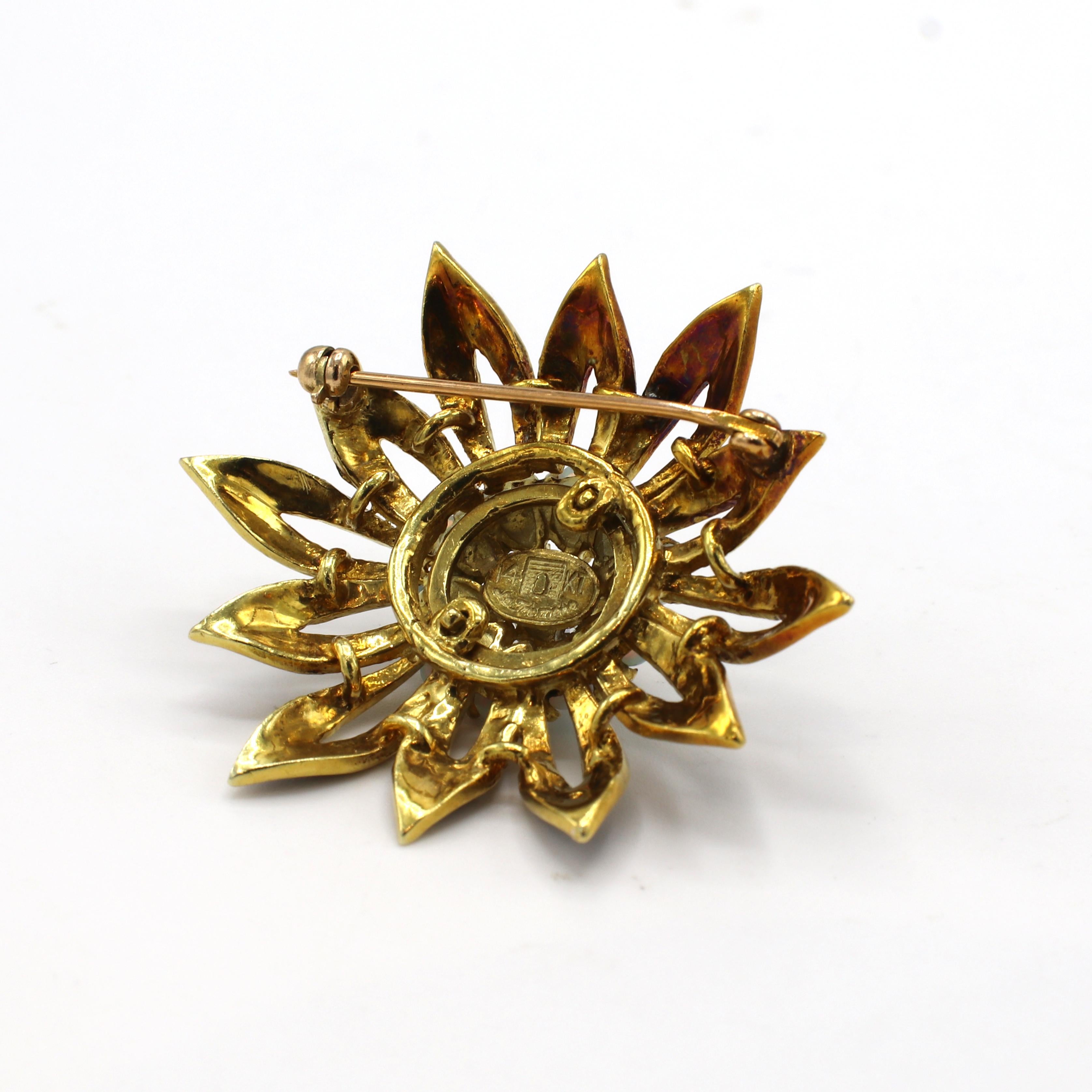 La Triomphe Yellow Gold Black Enamel Natural Diamond & Opal Flower Pin Brooch  For Sale 2