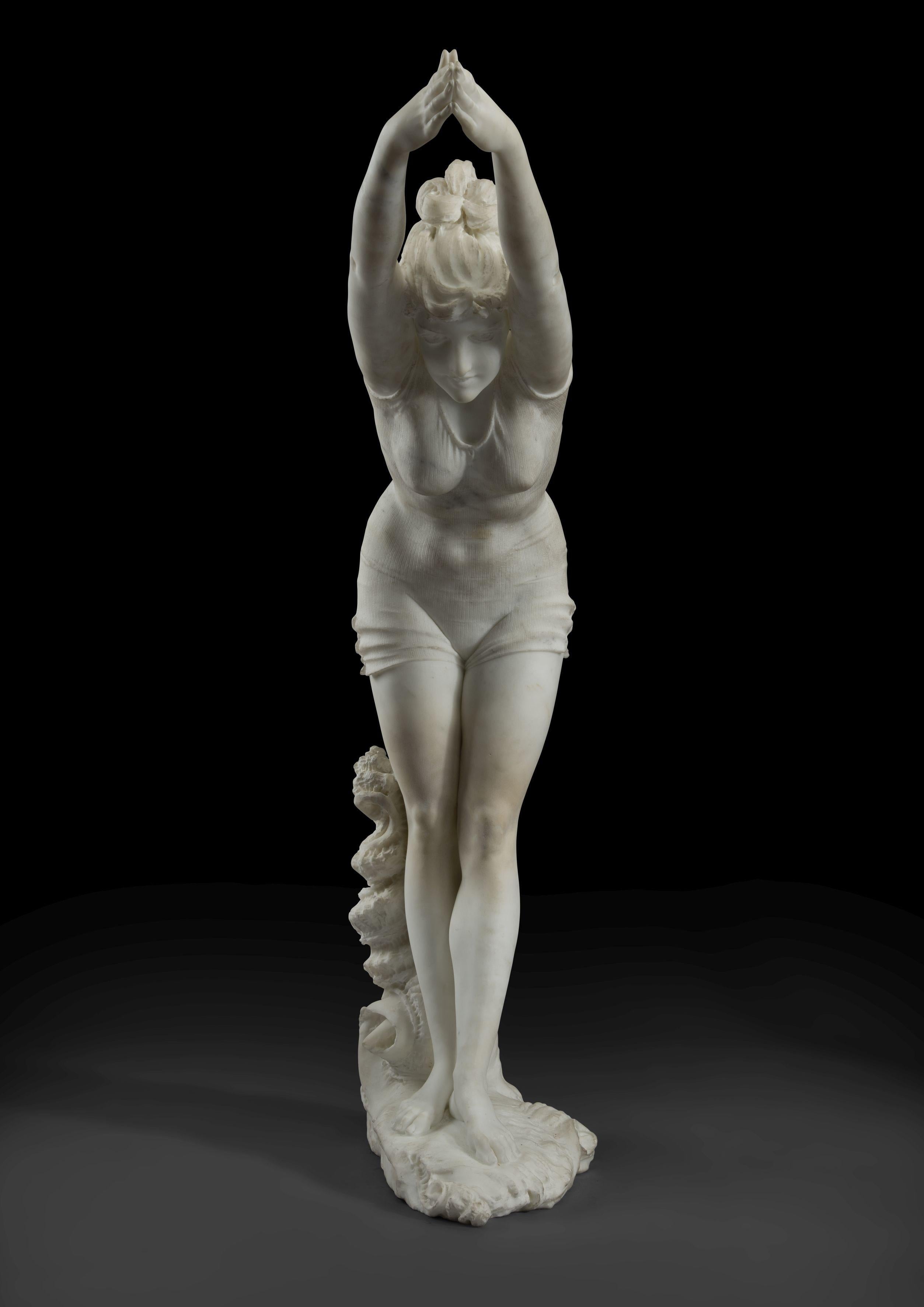 'La Tuffolina' - an important white marble group of a diving girl on a naturalistic base, by Odoarda Tabacchi

Italian, circa 1880. 

Signed 'O.Tabacchi/Torino'.

This Fine marble group depicts a graceful young girl wearing a knitted bathing