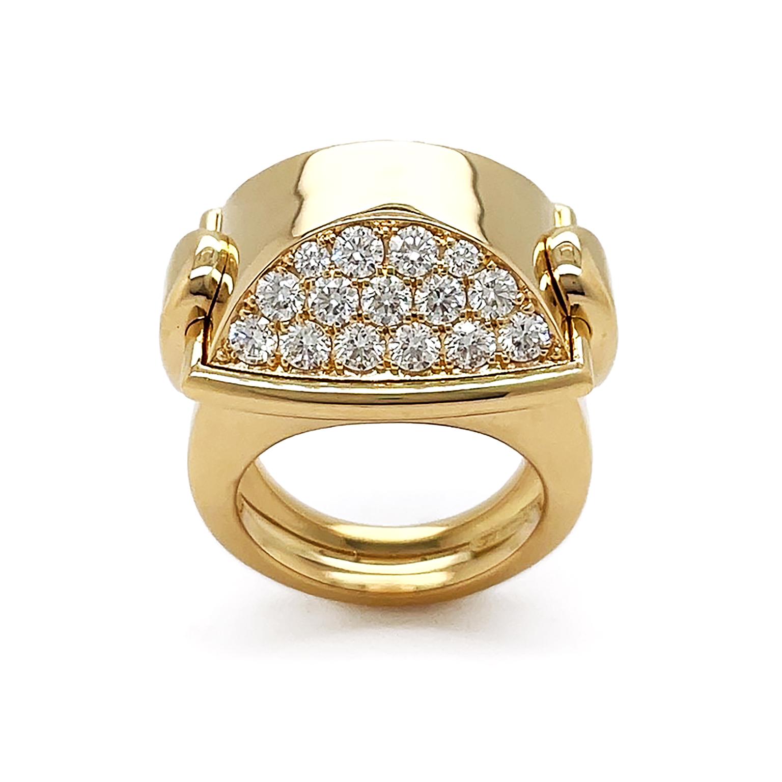 High-polished 18k yellow gold and diamonds give this La Vallette ring an arresting flare. 18k yellow gold forms a cushion carving with smooth surfaces and an upturned teardrop on each side. Both sides of the cushion carving feature a pave setting of