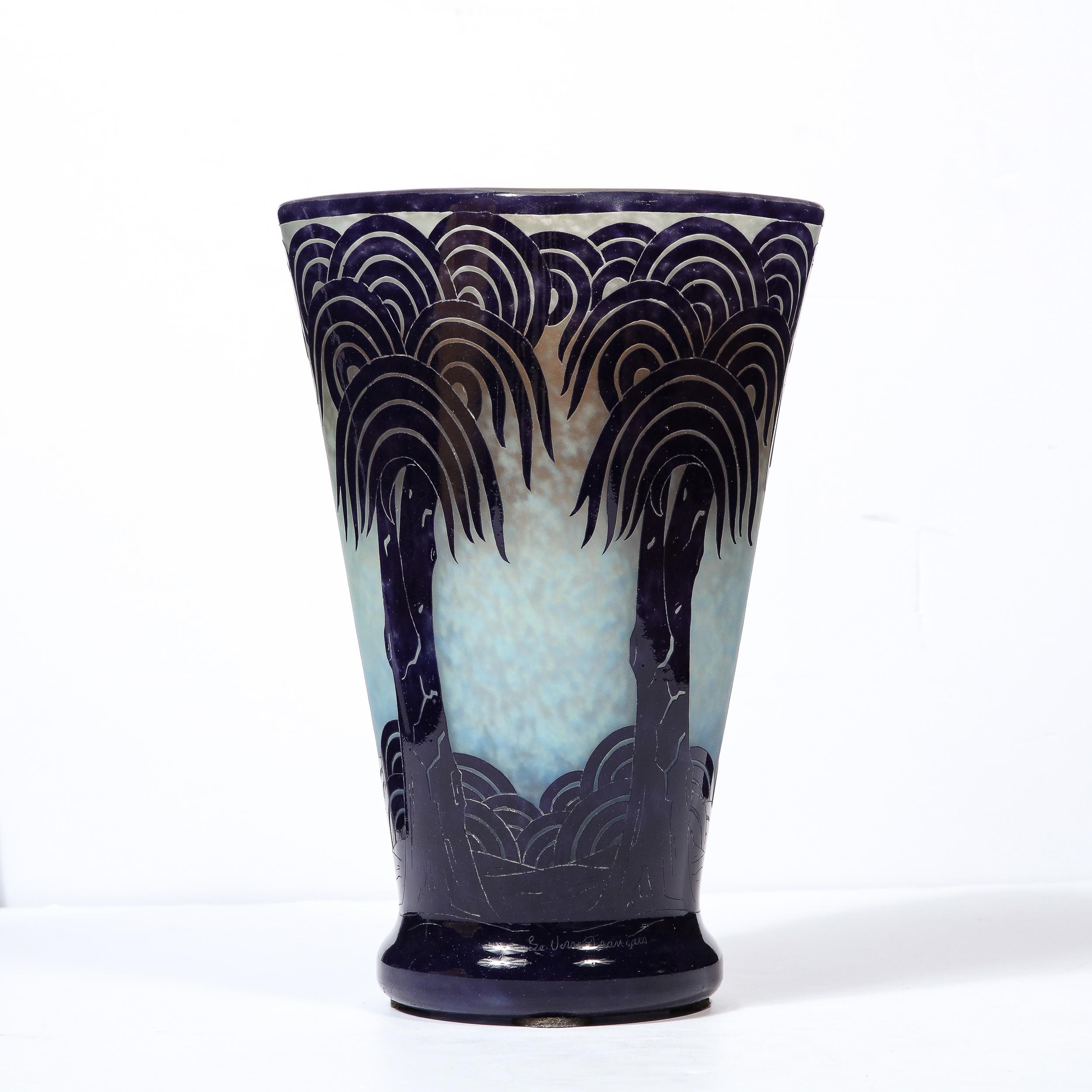 La Verre Francais Stylized Palm Tree Cameo Glass Vase by Charles Schneider 1