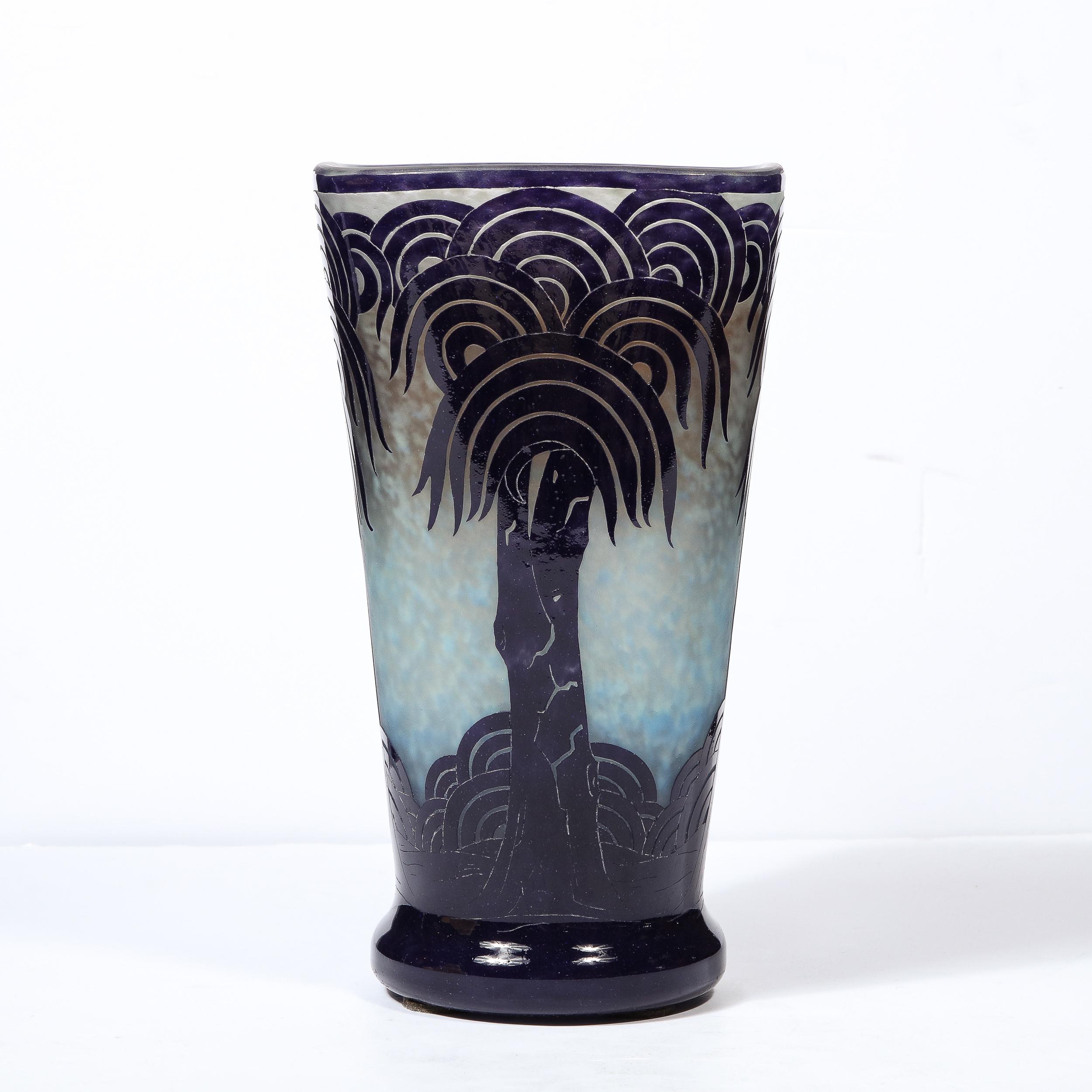 La Verre Francais Stylized Palm Tree Cameo Glass Vase by Charles Schneider In Excellent Condition In New York, NY