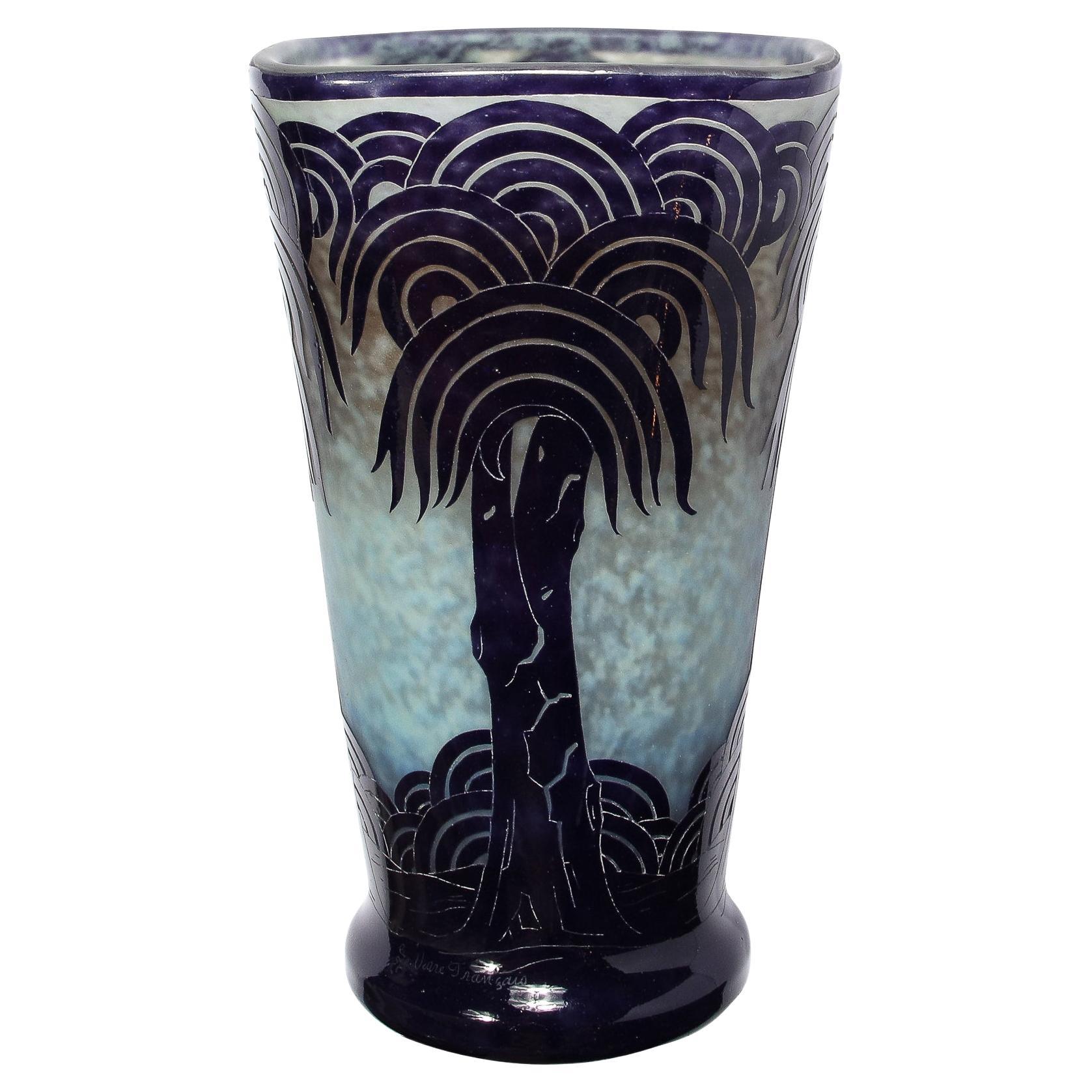La Verre Francais Stylized Palm Tree Cameo Glass Vase by Charles Schneider