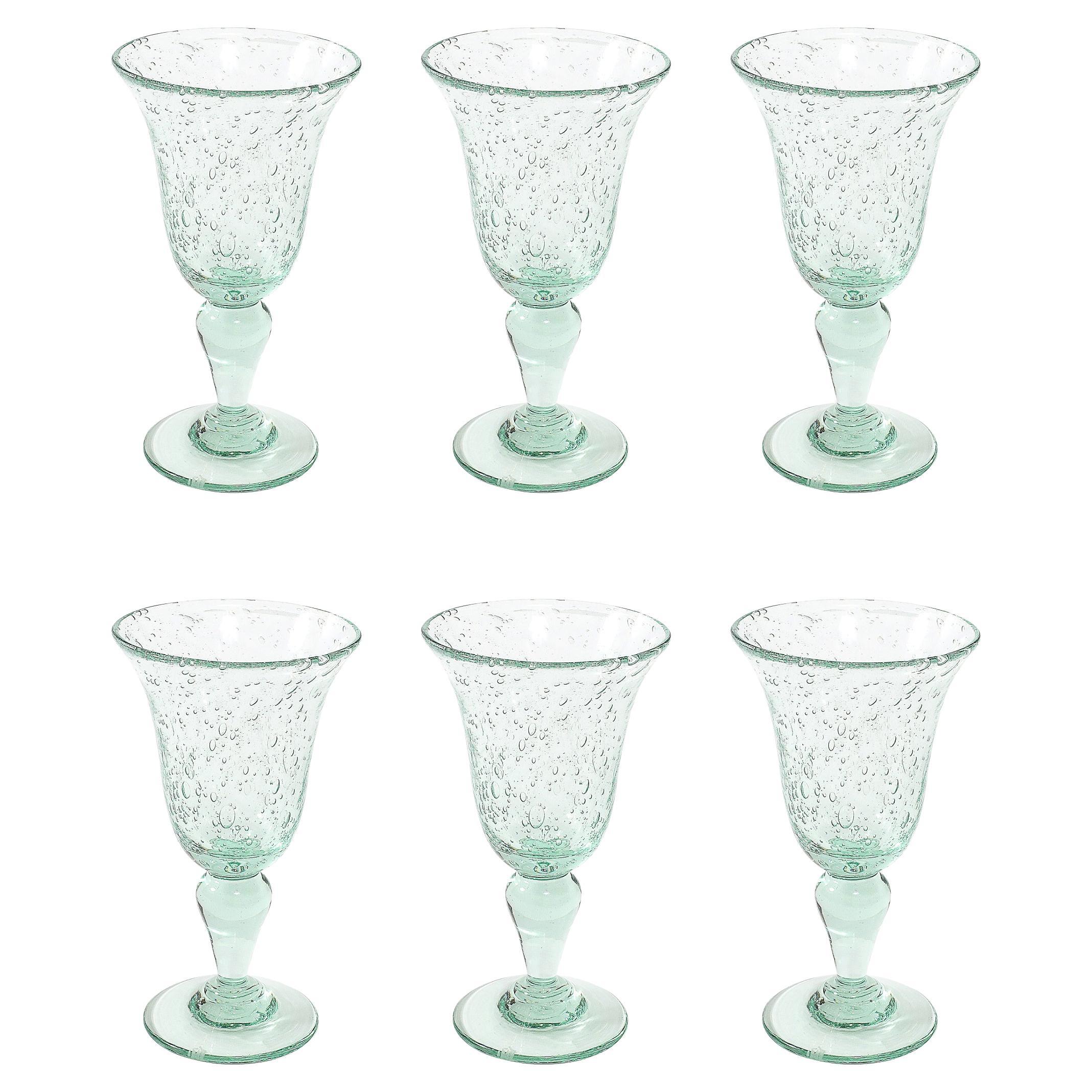 La Verrerie de Biot Set of 6 Handblown Pale Aquamarine Stemmed Drinking Glasses