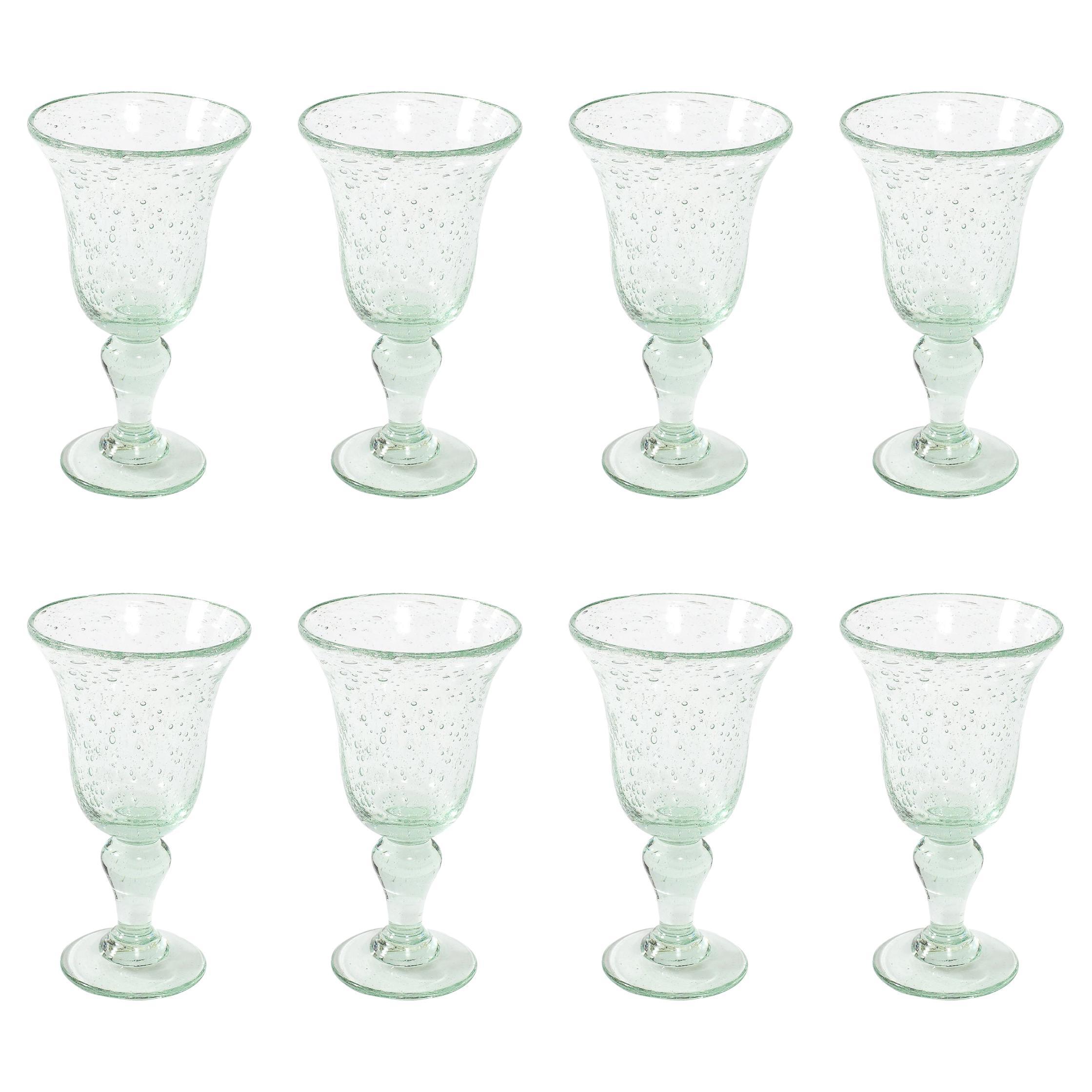 La Verrerie de Biot Set of 8 Handblown Pale Aquamarine Stemmed Drinking Glasses