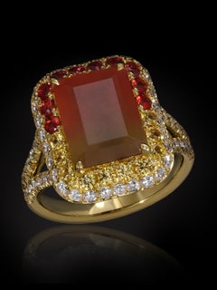 Hydrogrossular Garnet Ring, 18k Gold, Diamonds, Orange Sapphire, Yellow Sapphire