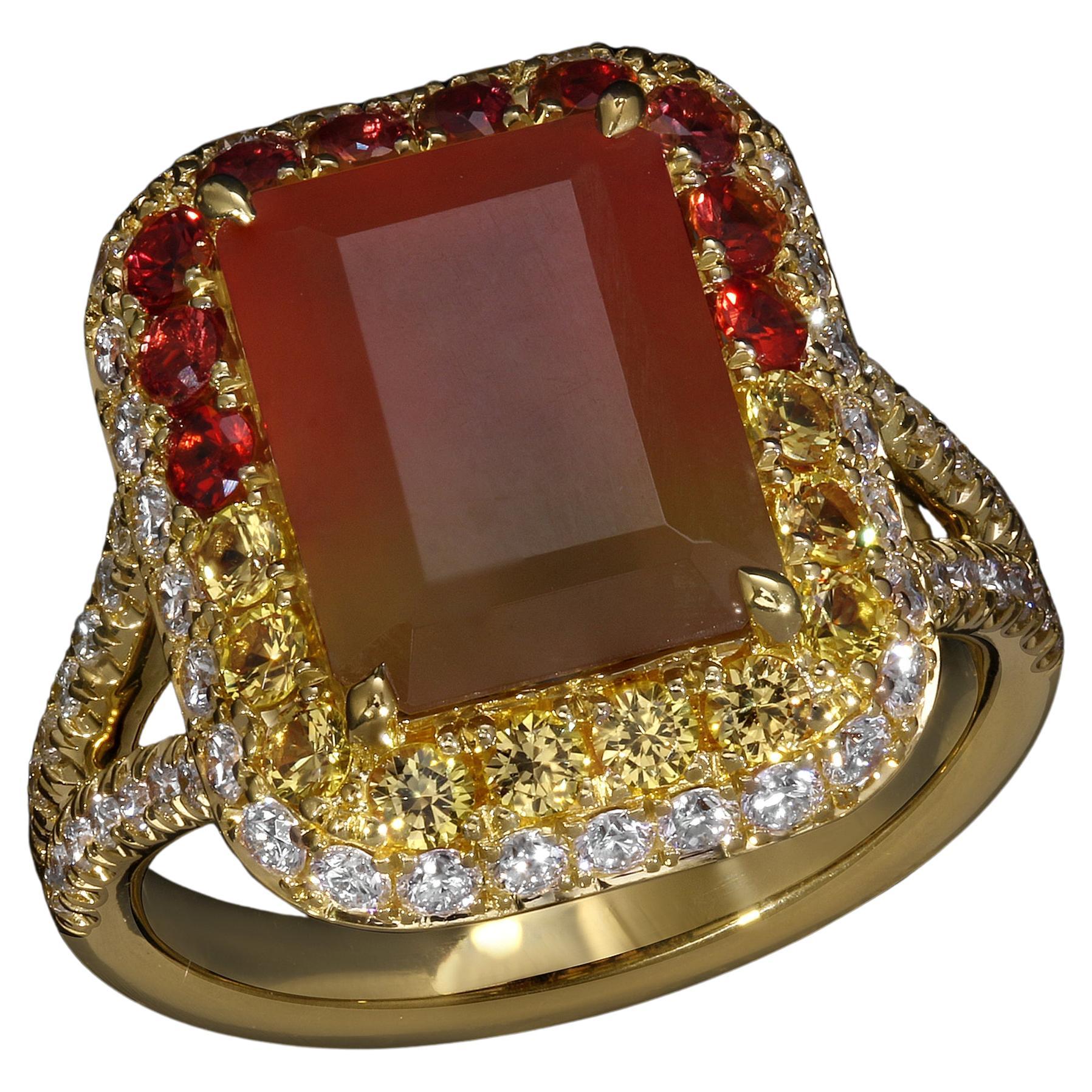 Hydrogrossular Garnet Ring, 18k Gold, Diamonds, Orange Sapphire, Yellow Sapphire