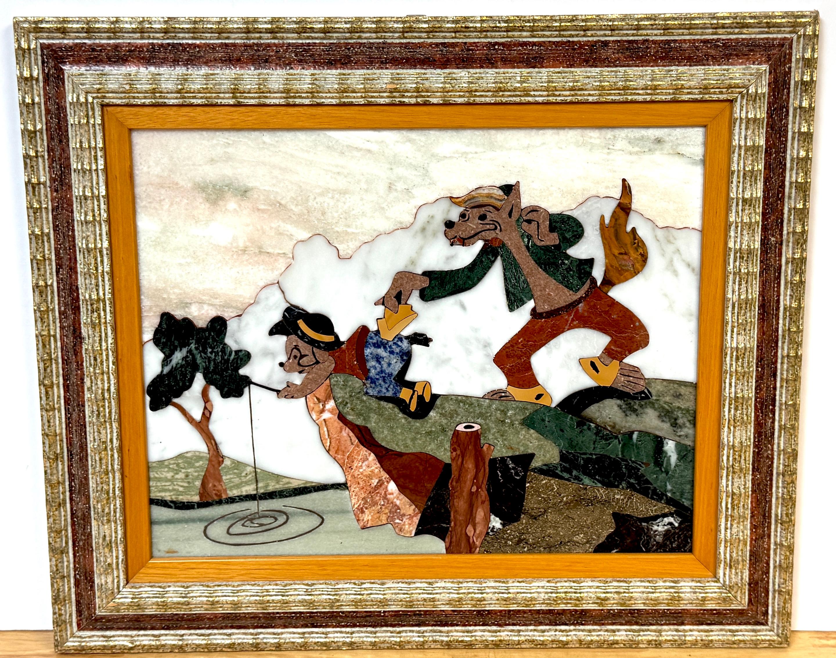 ‘La Volpe’—The’ Fox & Cat (Pinocchio) Pietra Dura Mosaic

By Walmina, Vatican Workshop, Rome

This one-of-a-kind, handmade Pietra Dura (marble inlay) mosaic, titled La Volpe, is a stunning work of art crafted by Walmina, a master mosaicist. Created