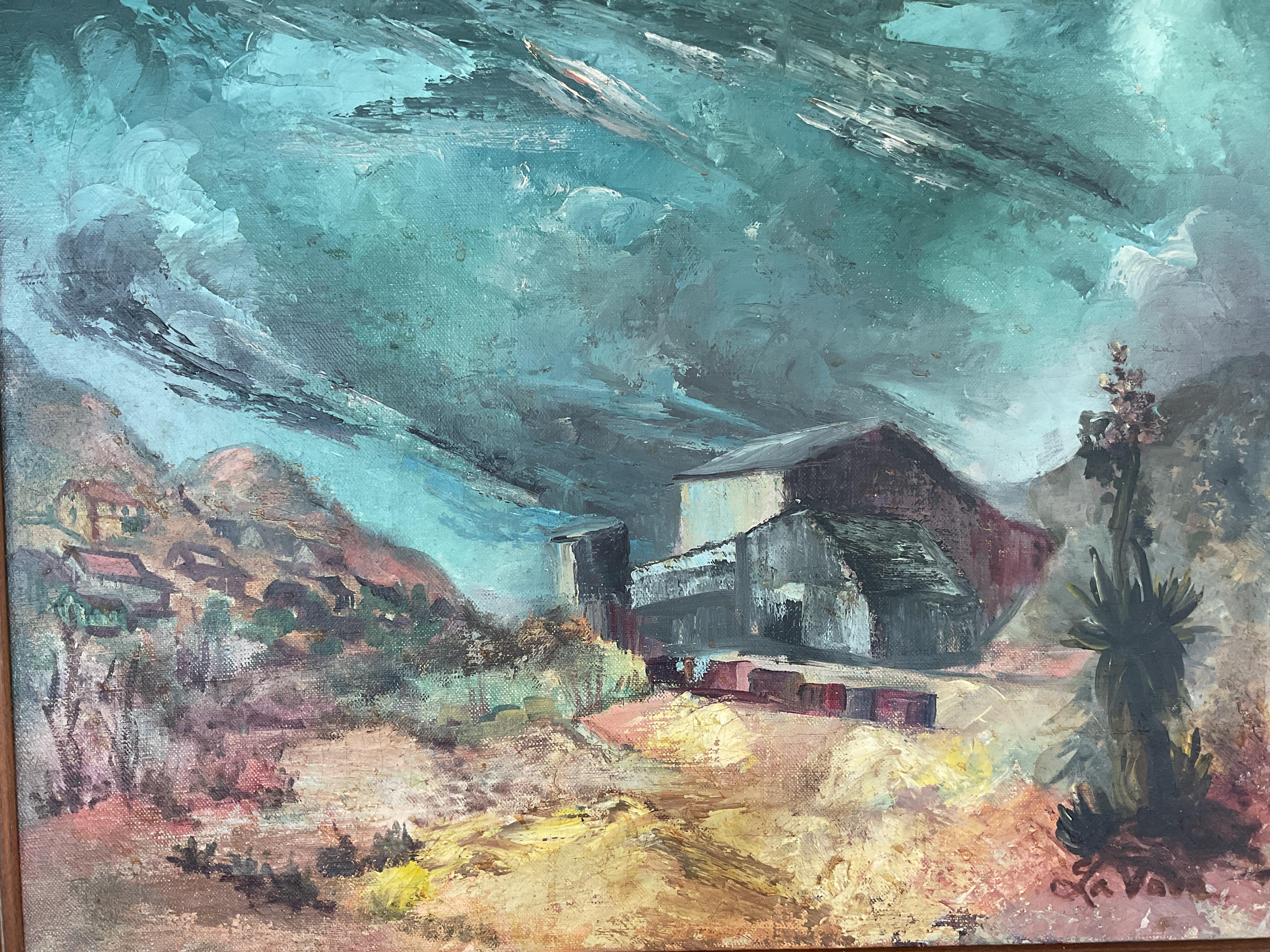 This is an intriguing modernist work by El Paso, Texas artist La Vora Norman. It depicts a mine near Cloudcroft, New Mexico.  The painting is oil on canvas and features desert like colors set against a dramatic blue sky. It appears that a group of