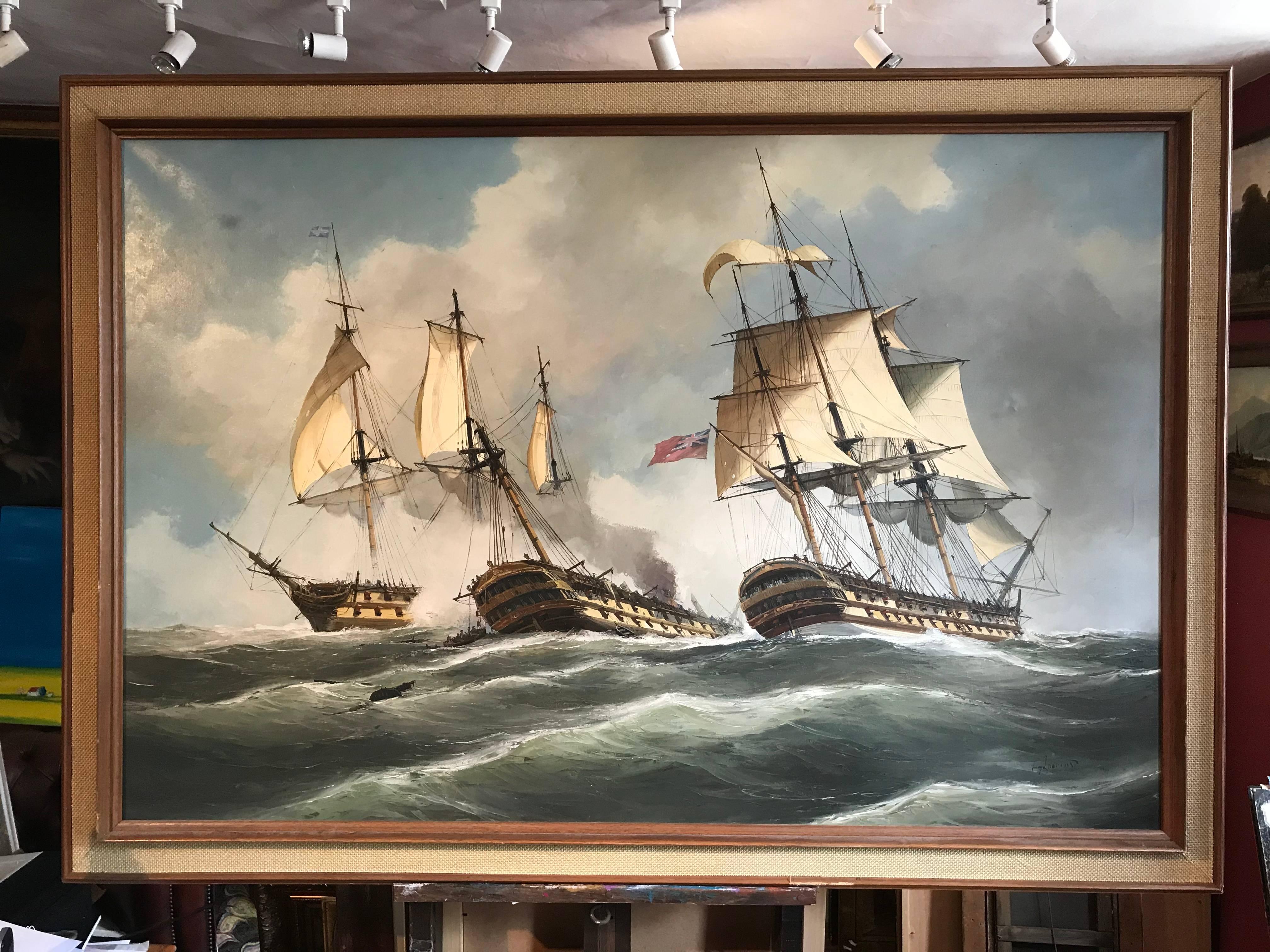 Enormous Signed Oil - Naval Battle Engagment Napoleonic Warships at Sea - Painting by Laarhouen